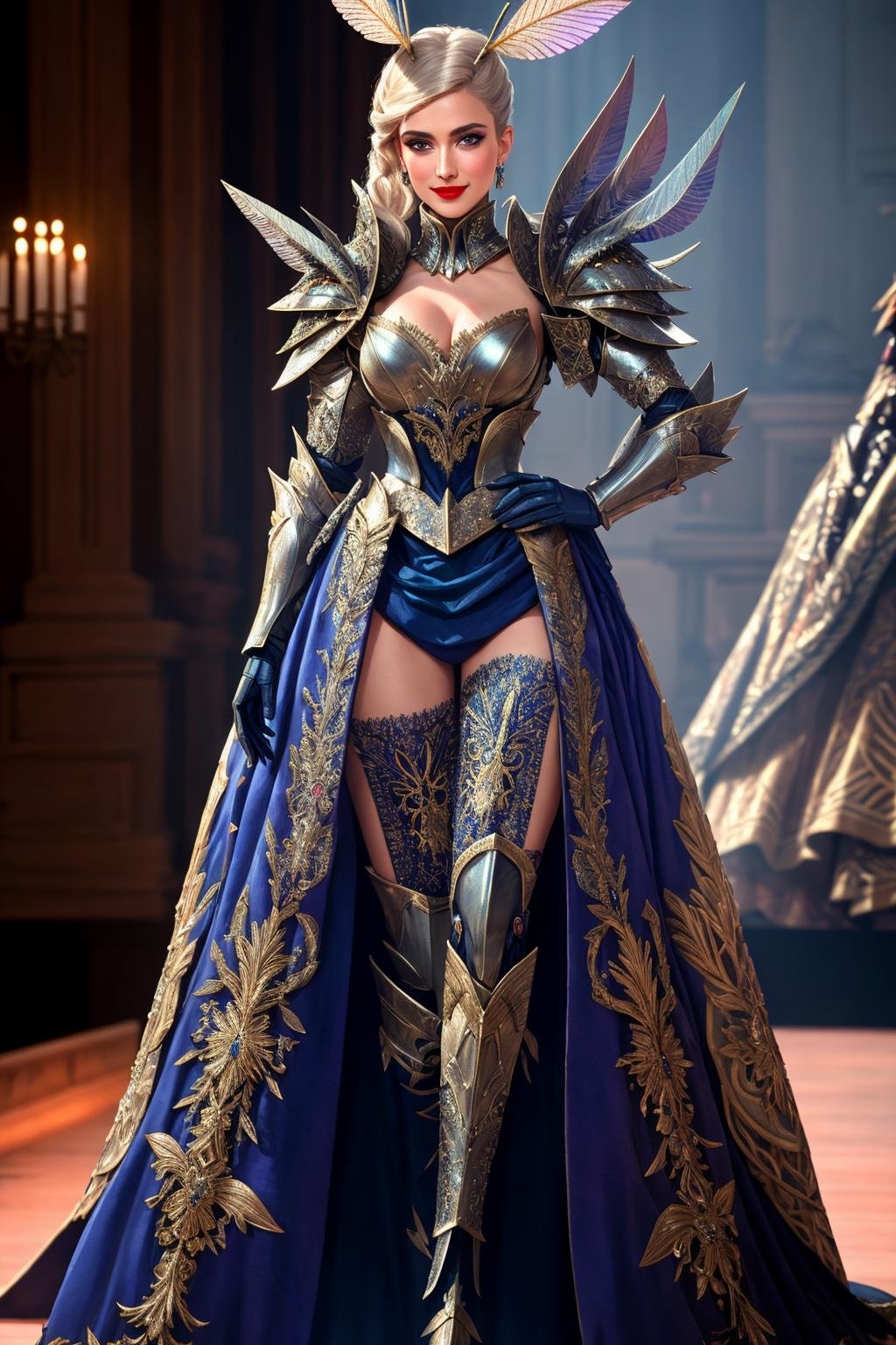 Masterpiece, absurdres,HDR,8k,best quality,smiling([edgMothKnight|Haute_Couture]::0.5)edgMothKnight,Haute_Couture designer dress, embroidery,fashion show background,   armor, hand on hip,  feathers, lipstick, shoulder armor, gauntlets, breastplate, moth_knight,cowboy shot <lora:MothCouture:0.75>
