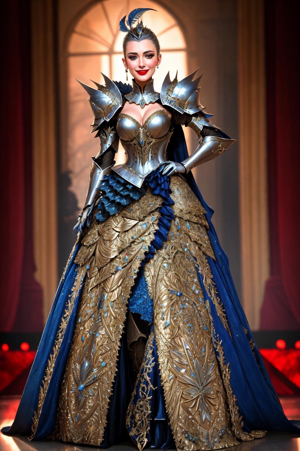 Masterpiece, absurdres,HDR,8k,best quality,smiling([edgMothKnight|Haute_Couture]::0.5)edgMothKnight,Haute_Couture designer dress, embroidery,fashion show background,   armor, hand on hip,  feathers, lipstick, shoulder armor, gauntlets, breastplate, moth_knight,cowboy shot <lora:MothCouture:0.75>