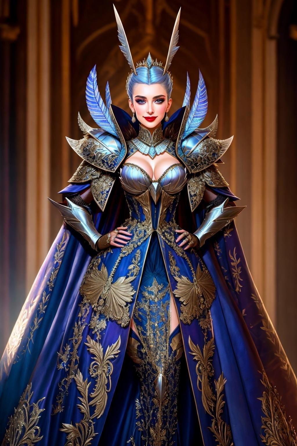 Masterpiece, absurdres,HDR,8k,best quality,smiling([edgMothKnight|Haute_Couture]::0.5)edgMothKnight,Haute_Couture designer dress, embroidery,fashion show background,   armor, hand on hip,  feathers, lipstick, shoulder armor, gauntlets, breastplate, moth_knight, <lora:MothCouture:0.75>