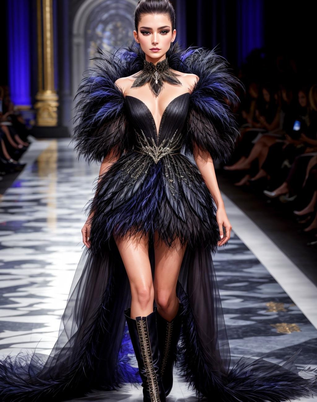 4K, Masterpiece, highres, absurdres,edgNoire,Haute_Couture, ([see through designer dress| in a black dress ]::0.5) , feathered top and boots, woman wearing a Haute_Couture dress, front view, fashion show background <lora:edgLycorisNoire:0.8>