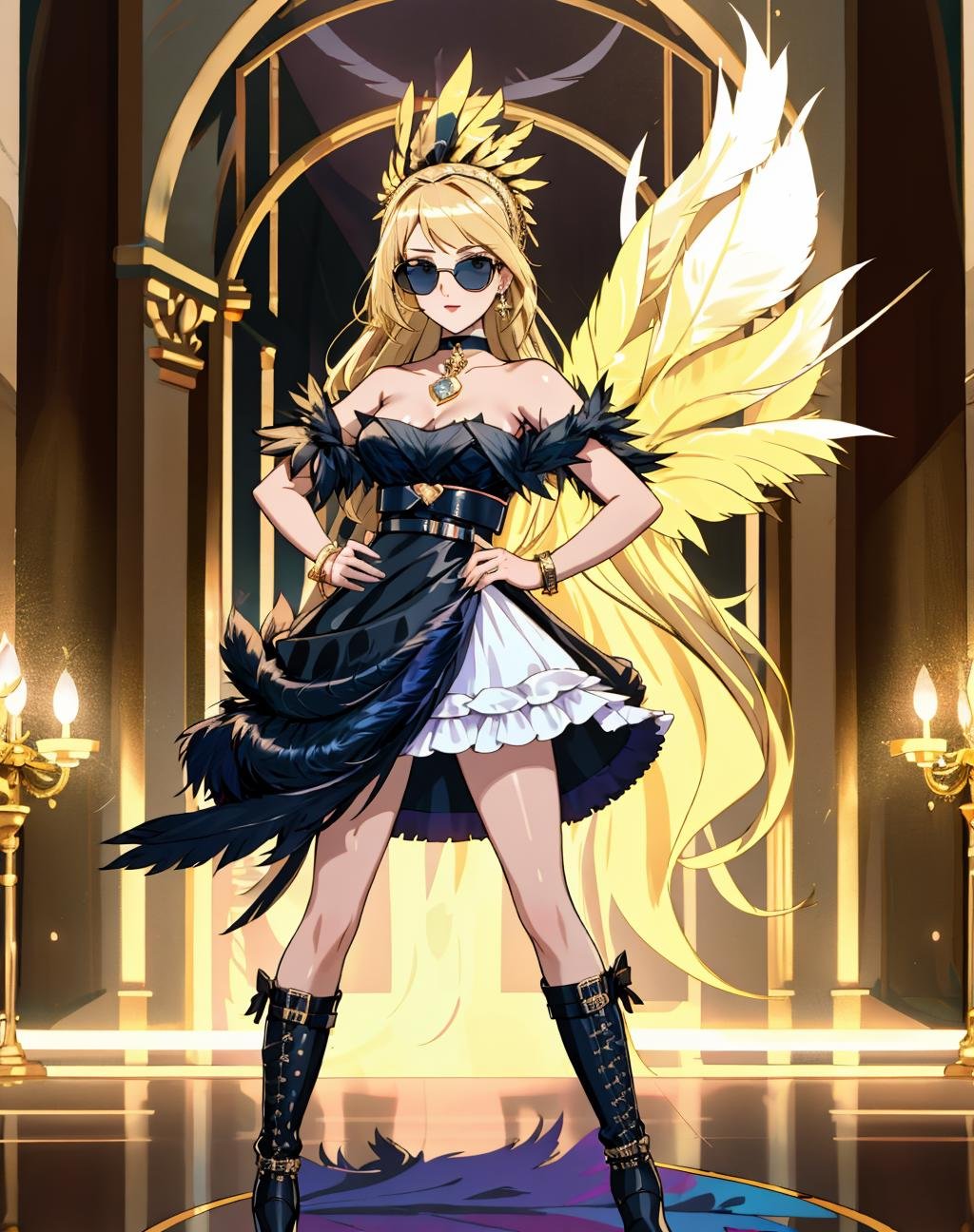 solo,1girl,4K, Masterpiece, highres, absurdres,blonde Nadia with sunglasses and a choker,edgNoire,Haute_Couture, ([see through designer dress| in a black dress ]::0.5) , ((feathered top)) and boots, woman wearing a Haute_Couture dress, front view, fashion show background <lora:edgLycorisNoire:0.8><lora:Nadia:0.4>
