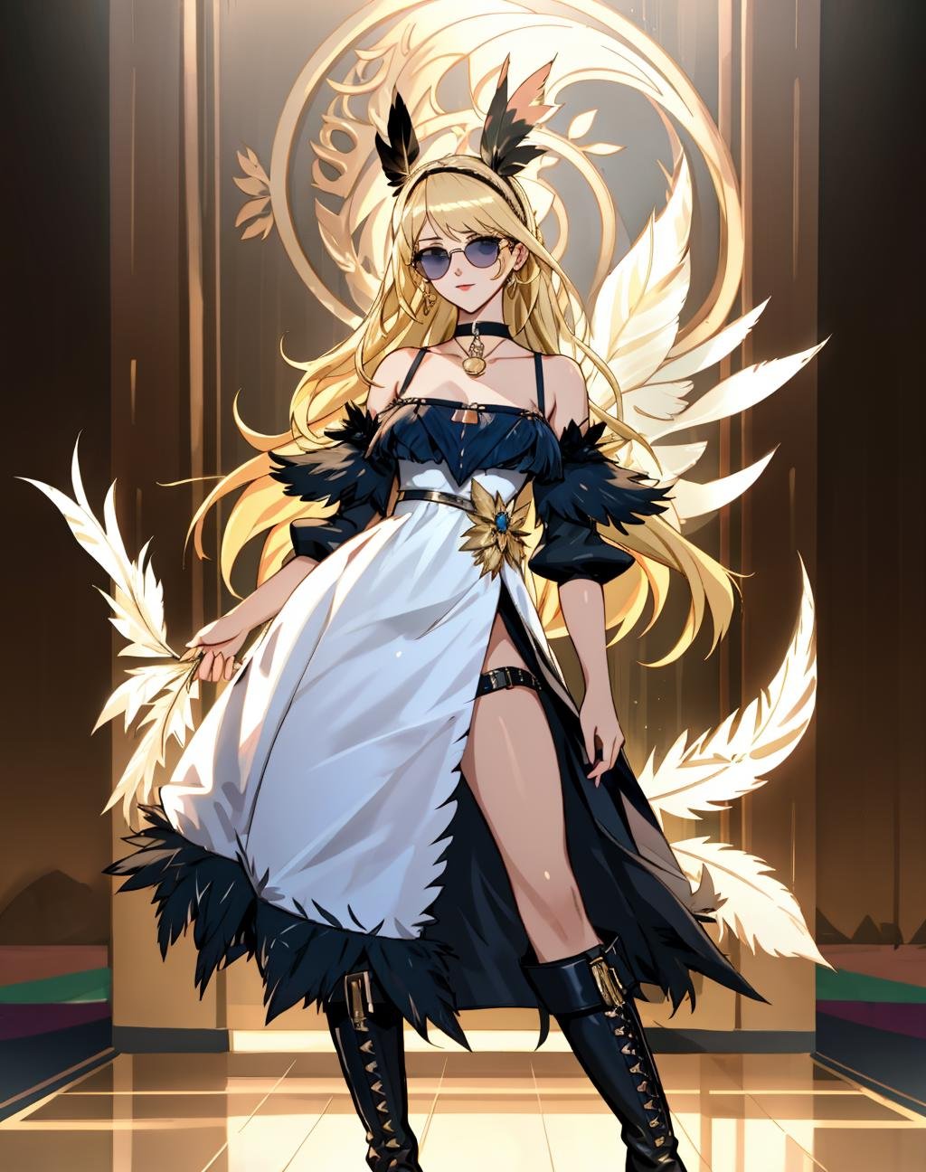 solo,1girl,4K, Masterpiece, highres, absurdres,blonde Nadia with sunglasses and a choker,edgNoire,Haute_Couture, ([see through designer dress| in a black dress ]::0.5) , ((feathered top)) and boots, woman wearing a Haute_Couture dress, front view, fashion show background <lora:edgLycorisNoire:0.6><lora:Nadia:0.4>