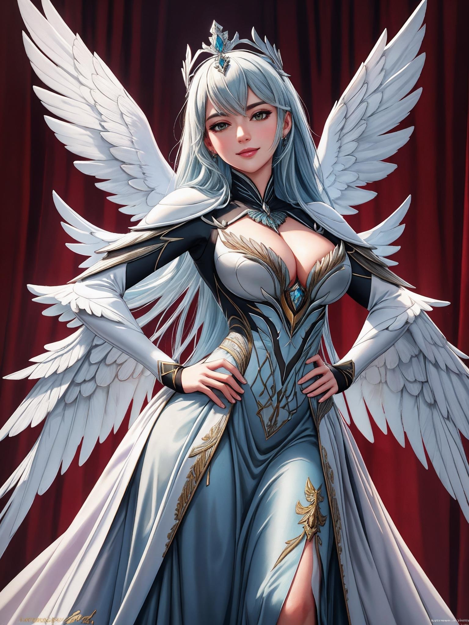 ((Masterpiece, best quality,photography, detailed skin, realistic, photo-realistic, 8k, highly detailed, full length frame, High detail RAW color art, diffused soft lighting, shallow depth of field, sharp focus, hyperrealism, cinematic lighting,close up)),smiling(edgGaruda_dress:1.2),Haute_Couture, a  bird_woman wearing [Haute_Couture|edgGaruda_dress]  designer dress ,ruby crown, floral embroidery,hand on hip, <lora:edgLycorisGaruda:0.8>