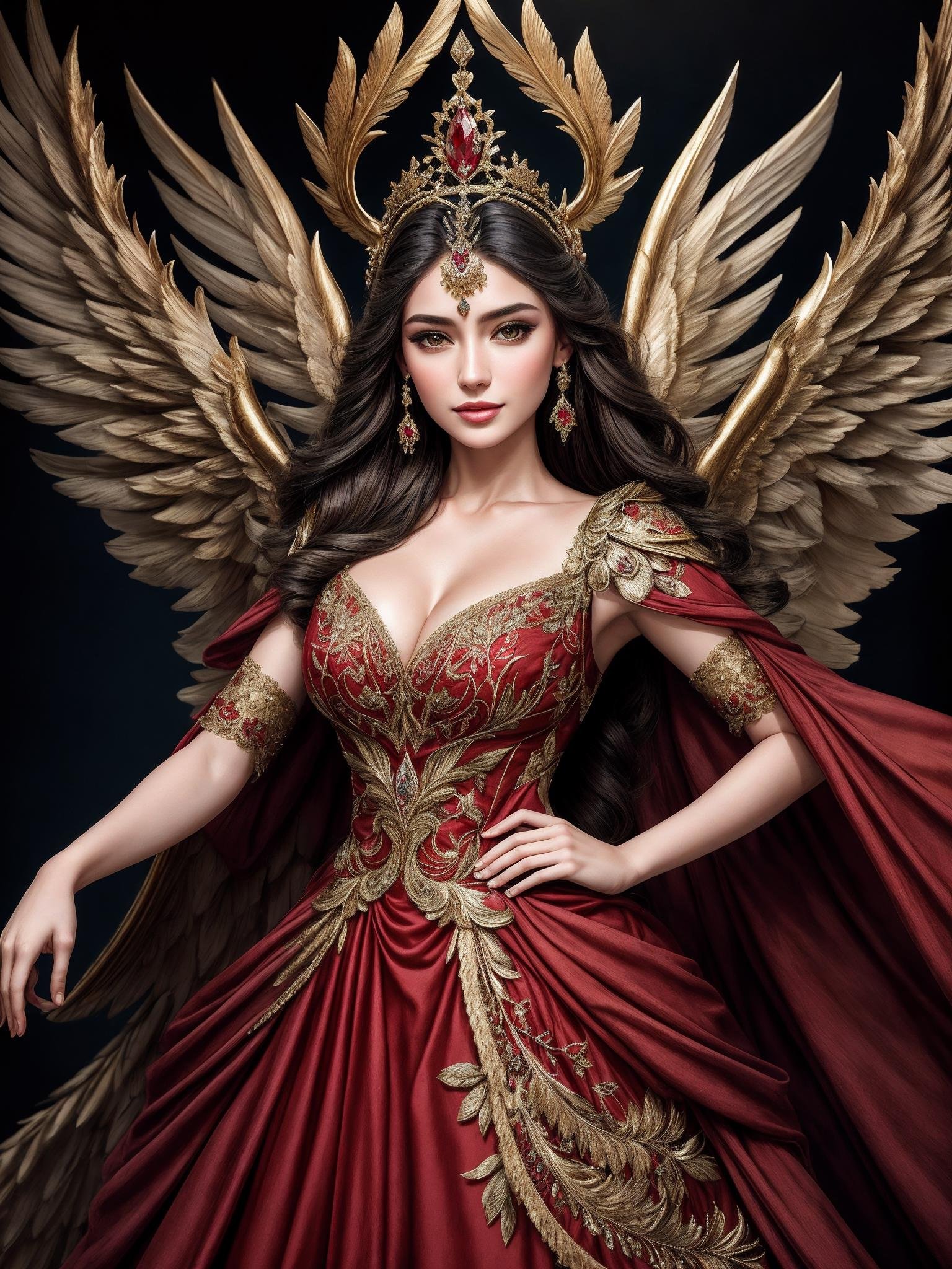 ((Masterpiece, best quality,photography, detailed skin, realistic, photo-realistic, 8k, highly detailed, full length frame, High detail RAW color art, diffused soft lighting, shallow depth of field, sharp focus, hyperrealism, cinematic lighting,close up)),smiling(edgGaruda_dress:1.2),Haute_Couture, a  bird_woman wearing [Haute_Couture|edgGaruda_dress]  designer dress ,ruby crown, floral embroidery,hand on hip,((front view, fashion show background)) <lora:edgLycorisGaruda:0.8>