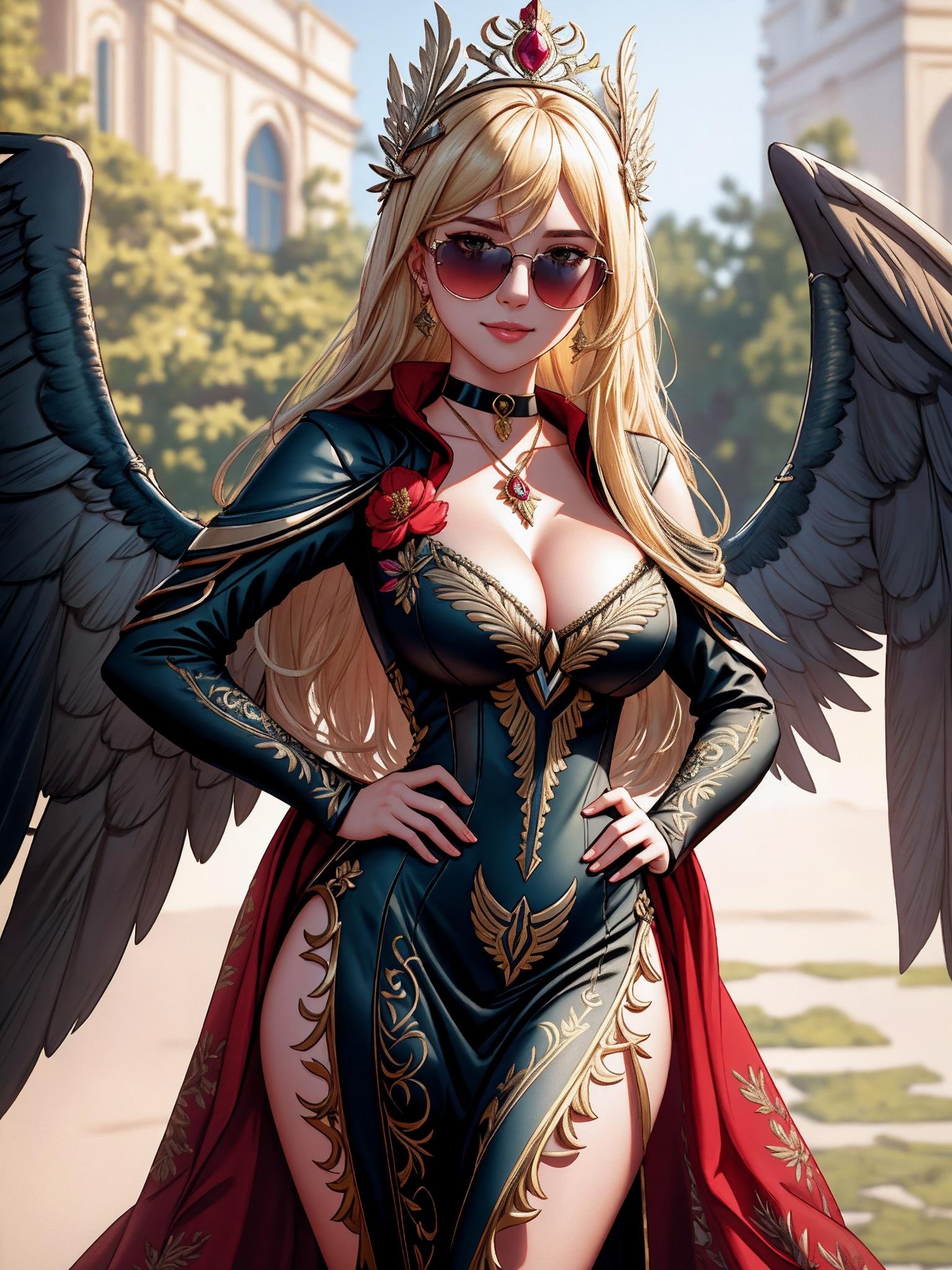 ((Masterpiece, best quality,photography, detailed skin, realistic, photo-realistic, 8k, highly detailed, full length frame, High detail RAW color art, diffused soft lighting, shallow depth of field, sharp focus, hyperrealism, cinematic lighting,close up)),smiling(edgGaruda_dress:1.2),Haute_Couture, a  bird_woman wearing [Haute_Couture|edgGaruda_dress]  designer dress ,ruby crown, floral embroidery,hand on hip,Blonde nadia with sunglasses and a choker <lora:edgLycorisGaruda:0.8> <lora:Ultimate_Nadia:0.5>