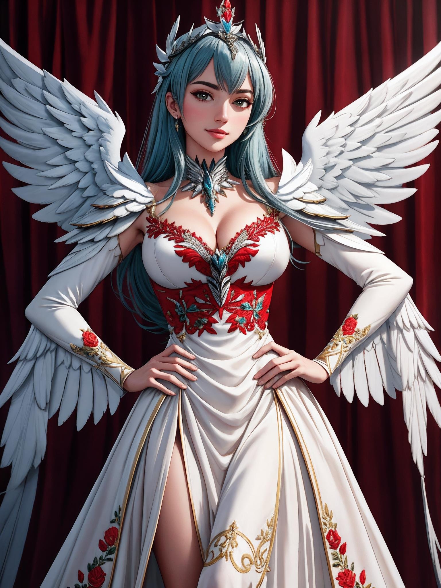 ((Masterpiece, best quality,photography, detailed skin, realistic, photo-realistic, 8k, highly detailed, full length frame, High detail RAW color art, diffused soft lighting, shallow depth of field, sharp focus, hyperrealism, cinematic lighting,close up)),smiling(edgGaruda_dress:1.2),Haute_Couture, a  bird_woman wearing [Haute_Couture|edgGaruda_dress]  designer dress ,ruby crown, floral embroidery,hand on hip, <lora:edgLycorisGaruda:0.8>