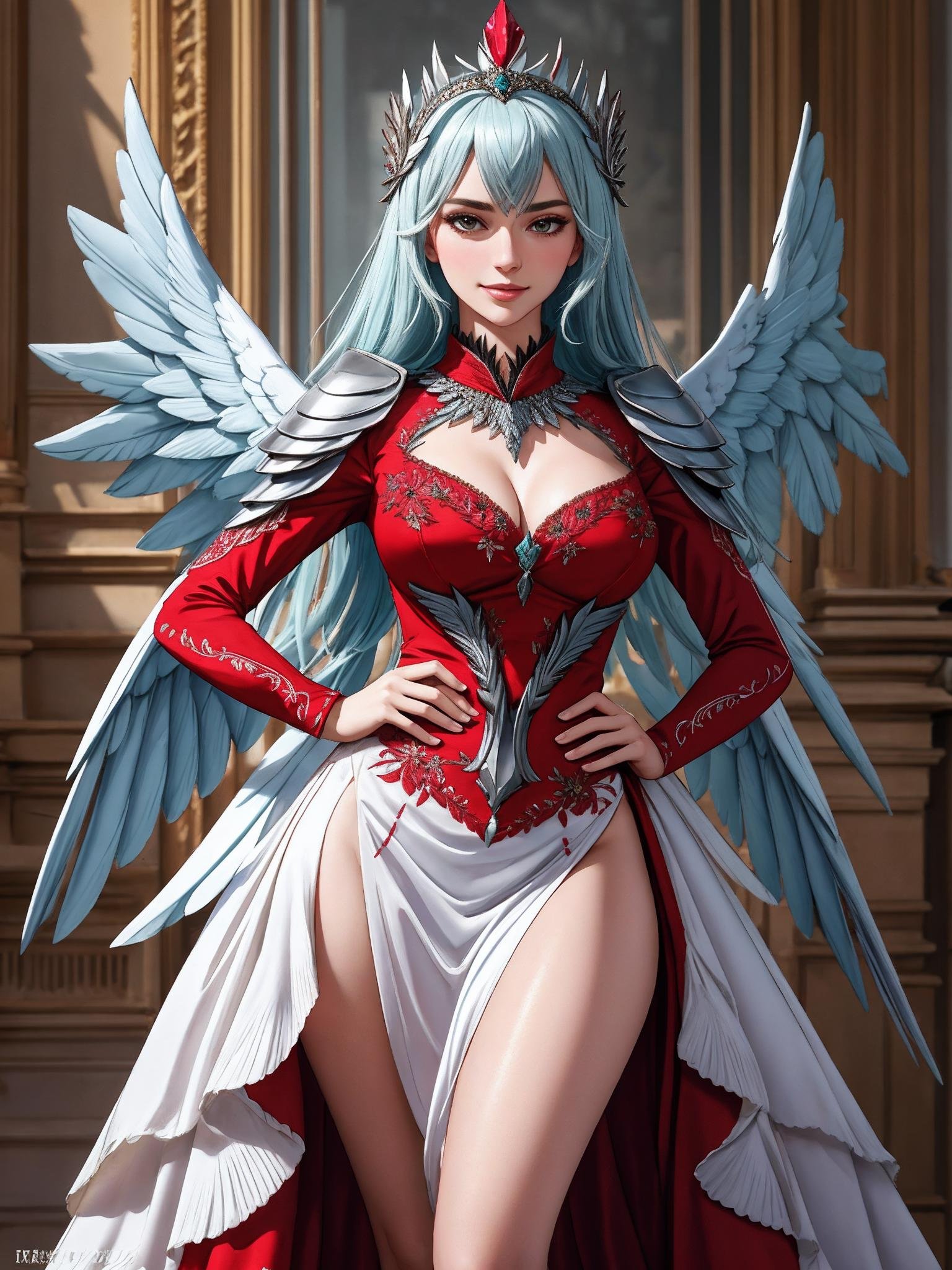 ((Masterpiece, best quality,photography, detailed skin, realistic, photo-realistic, 8k, highly detailed, full length frame, High detail RAW color art, diffused soft lighting, shallow depth of field, sharp focus, hyperrealism, cinematic lighting,close up)),smiling(edgGaruda_dress:1.2),Haute_Couture, a  bird_woman wearing [Haute_Couture|edgGaruda_dress]  designer dress ,ruby crown, floral embroidery,hand on hip, <lora:edgLycorisGaruda:0.8>