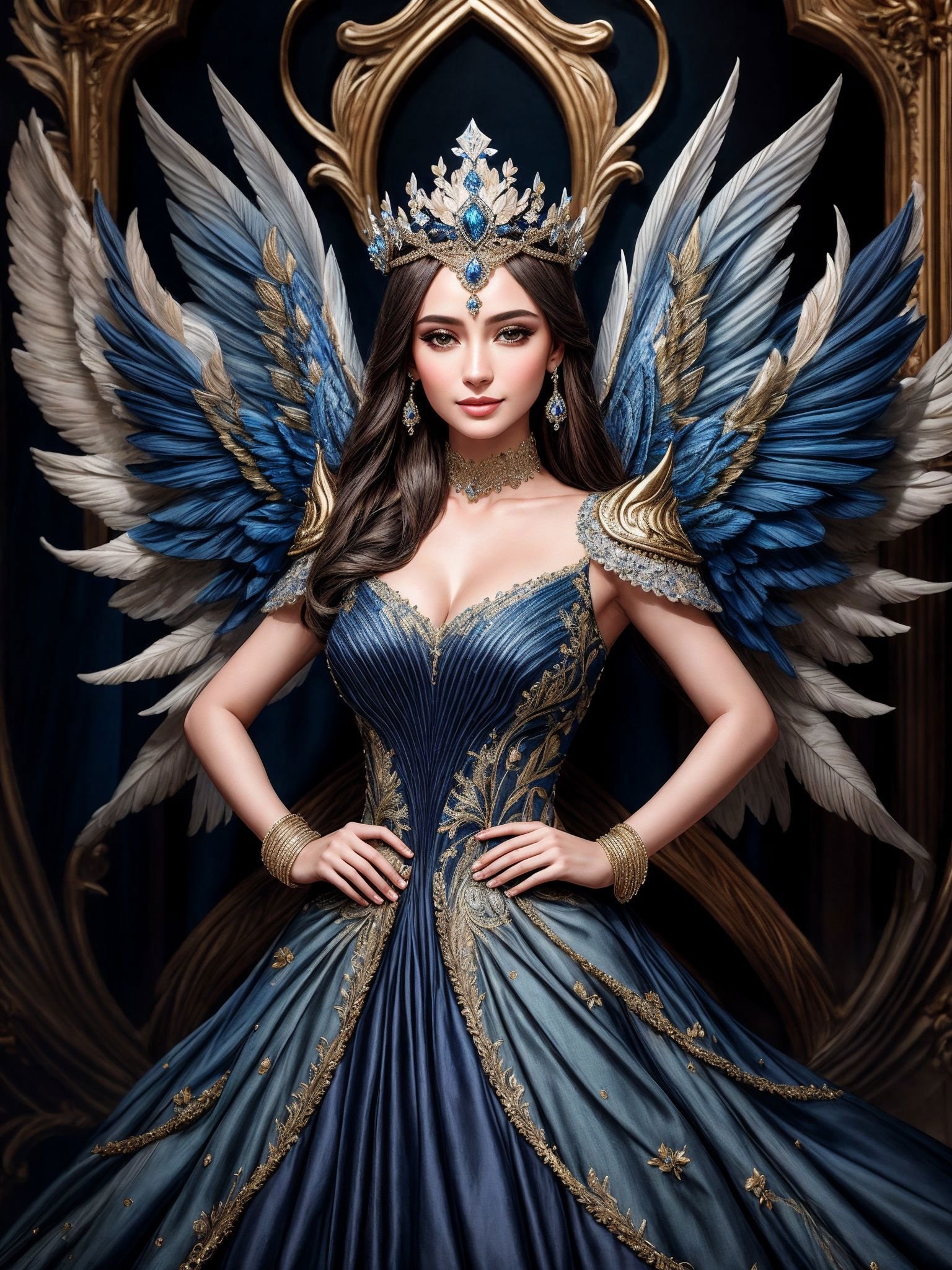 ((Masterpiece, best quality,photography, detailed skin, realistic, photo-realistic, 8k, highly detailed, full length frame, High detail RAW color art, diffused soft lighting, shallow depth of field, sharp focus, hyperrealism, cinematic lighting,close up)),smiling(edgGaruda_dress:1.2),Haute_Couture, a  bird_woman wearing [Haute_Couture|edgGaruda_dress]  designer dress ,sapphire crown, floral embroidery,hand on hip,((front view, fashion show background)) <lora:edgLycorisGaruda:0.8>
