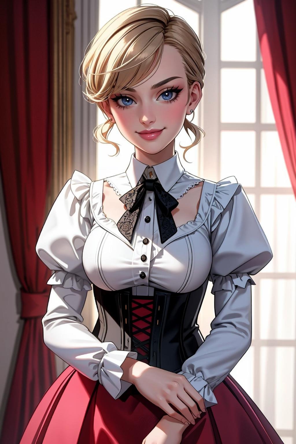 ((Masterpiece, best quality)), edgQuality,smirk,smug,Haute_Couture,edgCT, a woman in a ([blouse,chic top|designer dress]::0.775) ,wearing edgCT,frilly skirt,corset, <lora:edgLycorisChic:0.8>