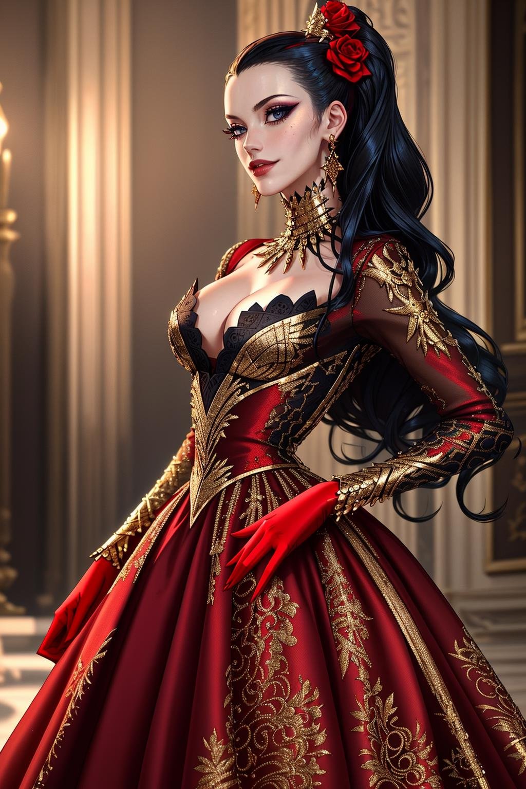 ((Masterpiece, best quality,edgQuality)),smirk,smug,Haute_Couture, red dress,golden embroidery, woman wearing a Haute_Couture dress, edgTM, wearing edgTM_style fashion, eccentric clothing <lora:edgLycorisMugler:0.75>