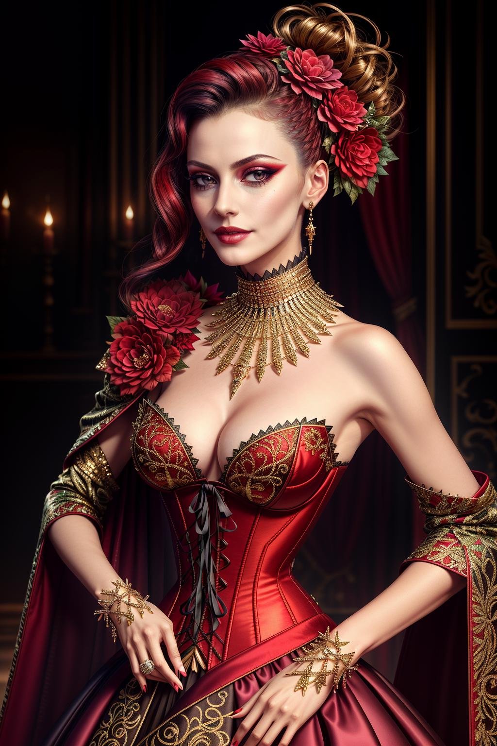 ((Masterpiece, best quality,edgQuality)),smirk,smug,Haute_Couture, red corset,golden embroidery, woman wearing a Haute_Couture dress, edgTM, wearing edgTM_style fashion, eccentric clothing <lora:edgLycorisMugler:0.75>