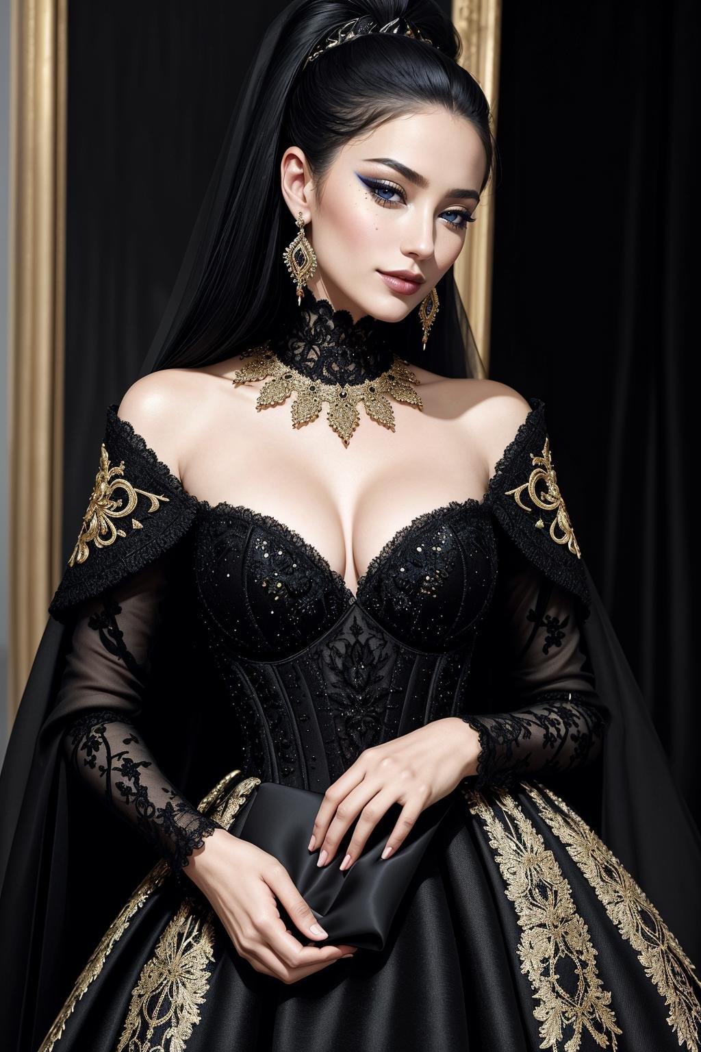 ((Masterpiece, best quality,edgQuality)),smirk,smug,Haute_Couture, black dress,golden embroidery, woman wearing a Haute_Couture dress, edgTM, wearing edgTM_style fashion, eccentric clothing <lora:edgLycorisMugler:1>