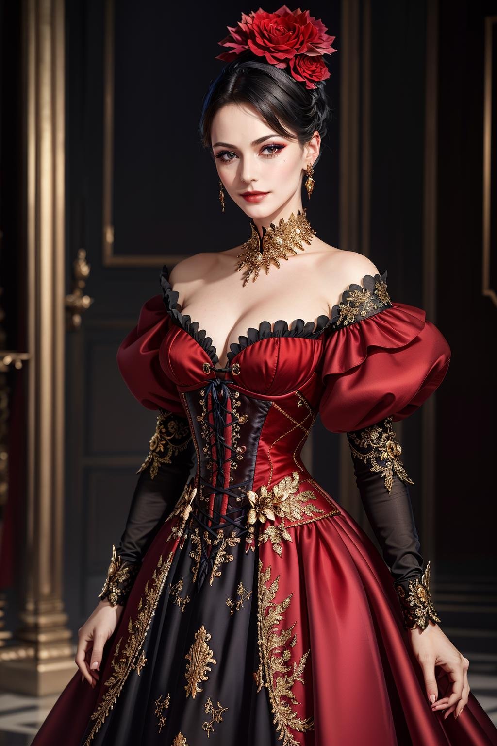 ((Masterpiece, best quality,edgQuality)),smirk,smug,Haute_Couture, red corset,golden embroidery, woman wearing a Haute_Couture dress, edgTM, wearing edgTM_style fashion, eccentric clothing <lora:edgLycorisMugler:0.75>