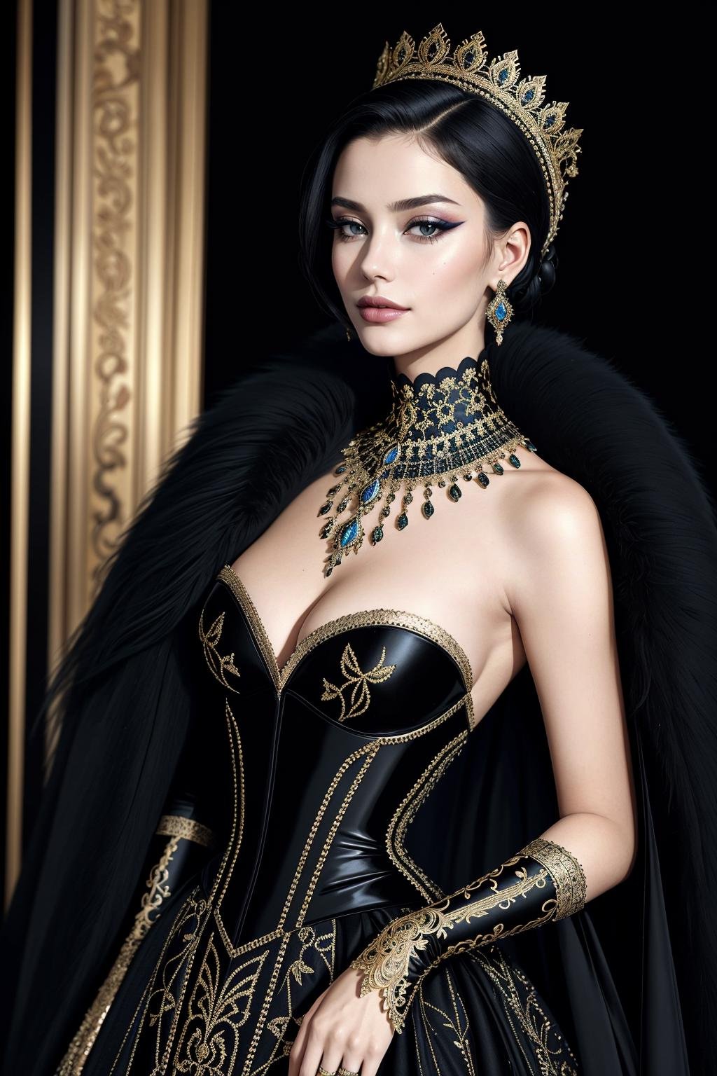 ((Masterpiece, best quality,edgQuality)),smirk,smug,Haute_Couture, black dress,golden embroidery, woman wearing a Haute_Couture dress, edgTM, wearing edgTM_style fashion, eccentric clothing <lora:edgLycorisMugler:1>