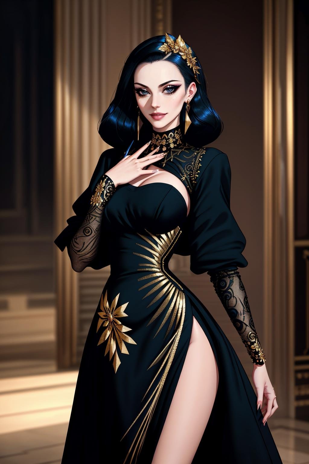 ((Masterpiece, best quality,edgQuality)),smirk,smug,Haute_Couture, black dress,golden embroidery, woman wearing a Haute_Couture dress, edgTM, wearing edgTM_style fashion, eccentric clothing <lora:edgLycorisMugler:0.75>