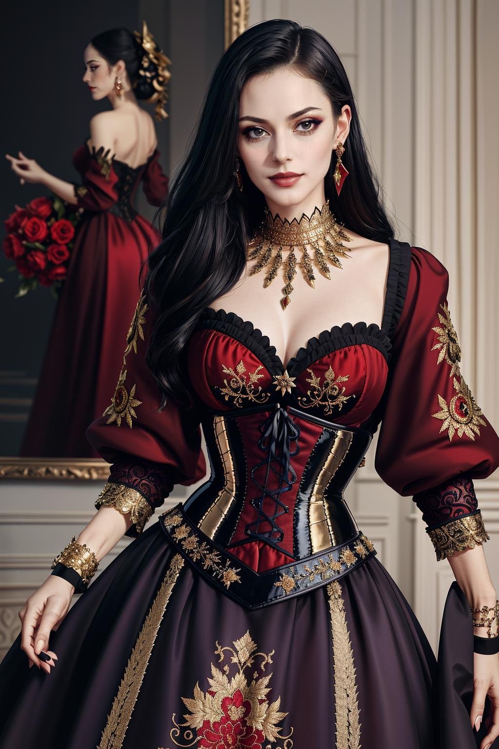 ((Masterpiece, best quality,edgQuality)),smirk,smug,Haute_Couture, red corset,golden embroidery, woman wearing a Haute_Couture dress, edgTM, wearing edgTM_style fashion, eccentric clothing <lora:edgLycorisMugler:0.75>