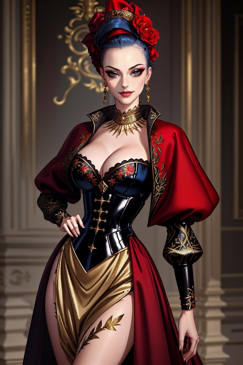 ((Masterpiece, best quality,edgQuality)),smirk,smug,Haute_Couture, red corset,golden embroidery, woman wearing a Haute_Couture dress, edgTM, wearing edgTM_style fashion, eccentric clothing <lora:edgLycorisMugler:0.75>