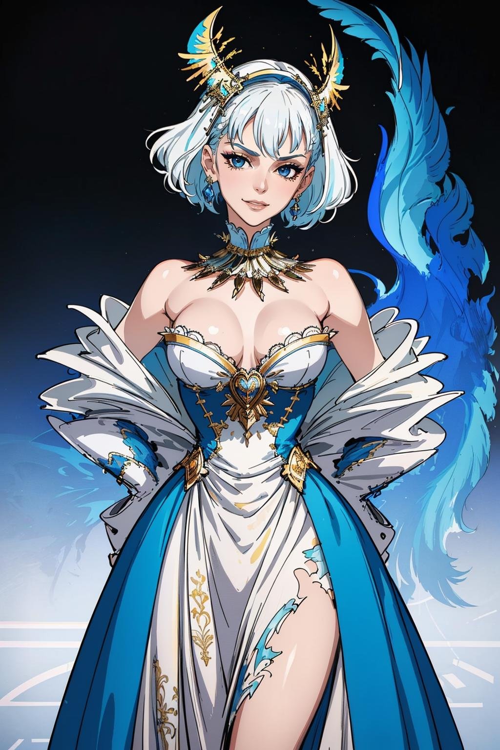 ((Masterpiece, best quality,edgQuality)),smirk,smug,white hair,Haute_Couture, blue gown,golden embroidery, woman wearing a Haute_Couture dress,(((edgTM, wearing edgTM_style fashion, eccentric clothing))),feathers, <lora:edgLycorisMugler-light:1>