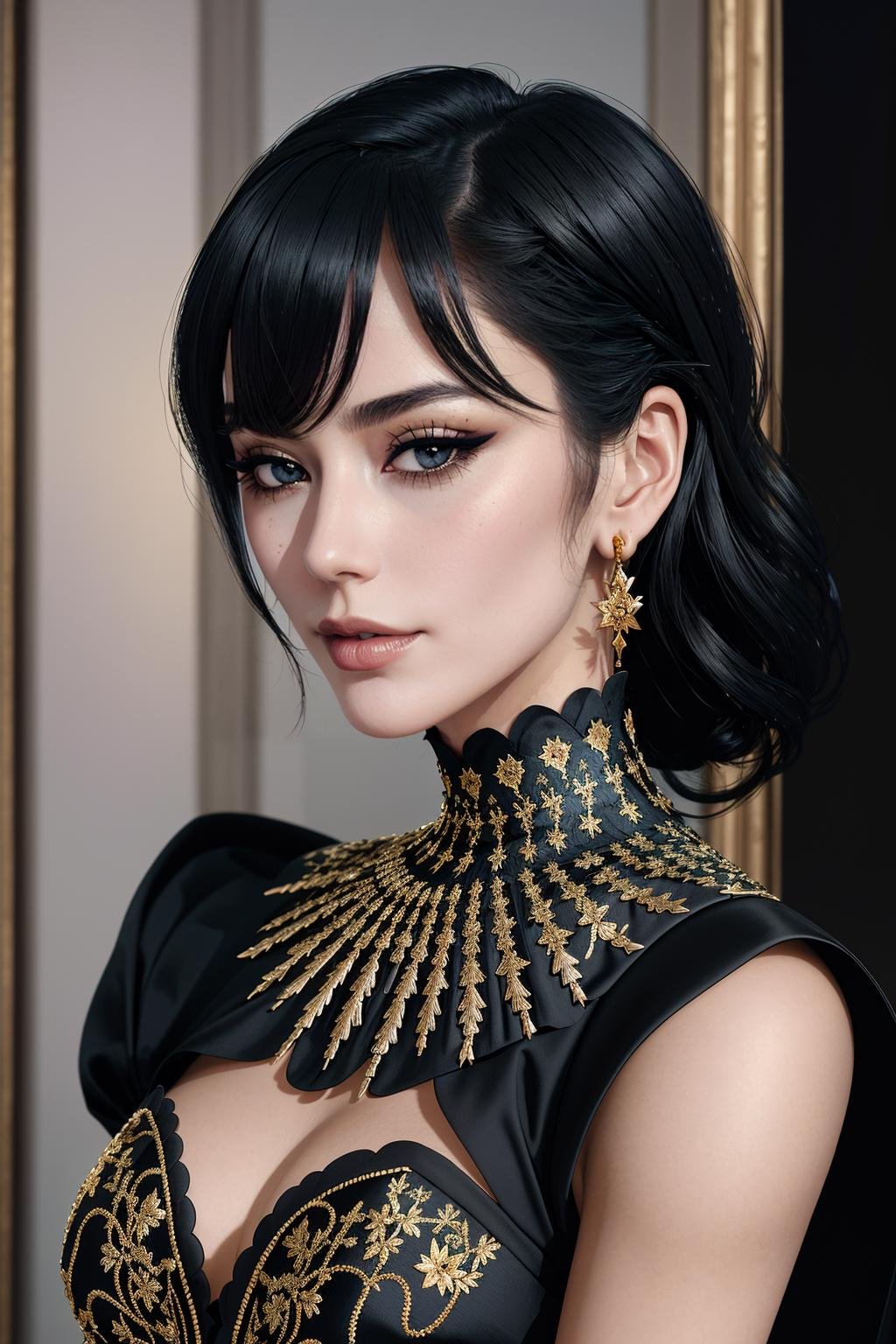 ((Masterpiece, best quality,edgQuality)),smirk,smug,Haute_Couture, black dress,golden embroidery, woman wearing a Haute_Couture dress,edgTM, wearing edgTM_style fashion, eccentric clothing <lora:edgLycorisMugler-light:1>