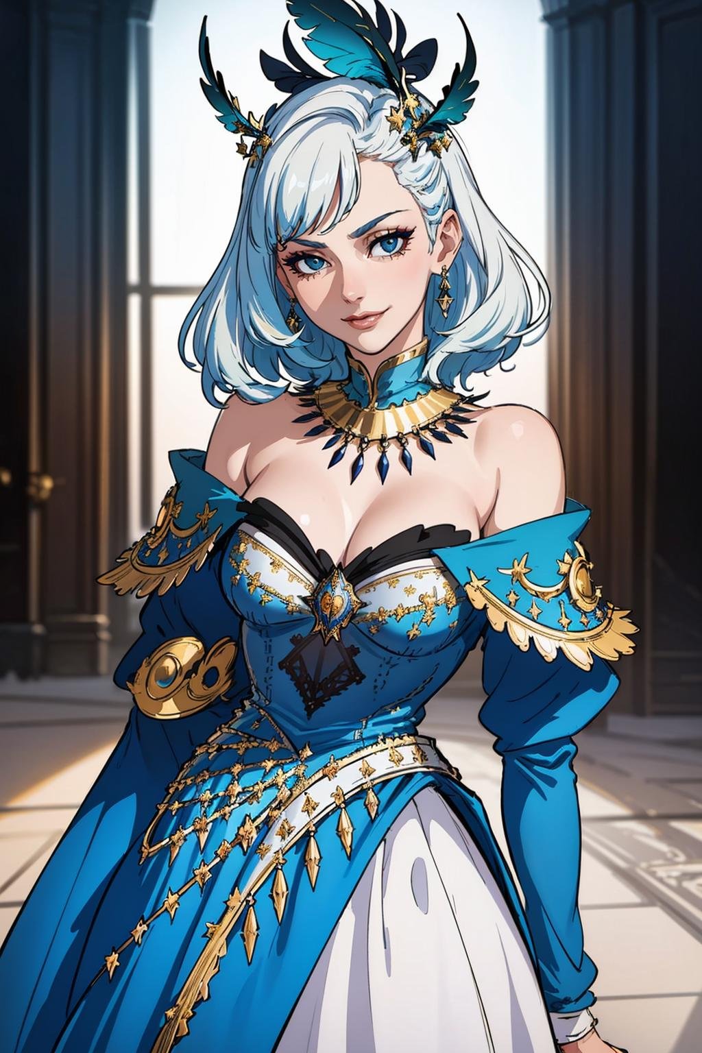 ((Masterpiece, best quality,edgQuality)),smirk,smug,white hair,Haute_Couture, blue gown,golden embroidery, woman wearing a Haute_Couture dress,(((edgTM, wearing edgTM_style fashion, eccentric clothing))),feathers, <lora:edgLycorisMugler-light:1>