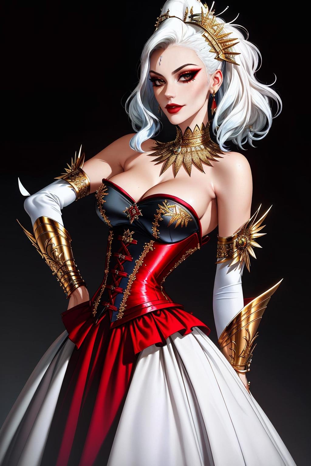 ((Masterpiece, best quality,edgQuality)),smirk,smug,white hair,Haute_Couture, red corset,golden embroidery, woman wearing a Haute_Couture corset,(((edgTM, wearing edgTM_style fashion, eccentric clothing))),feathers, <lora:edgLycorisMugler-light:1>