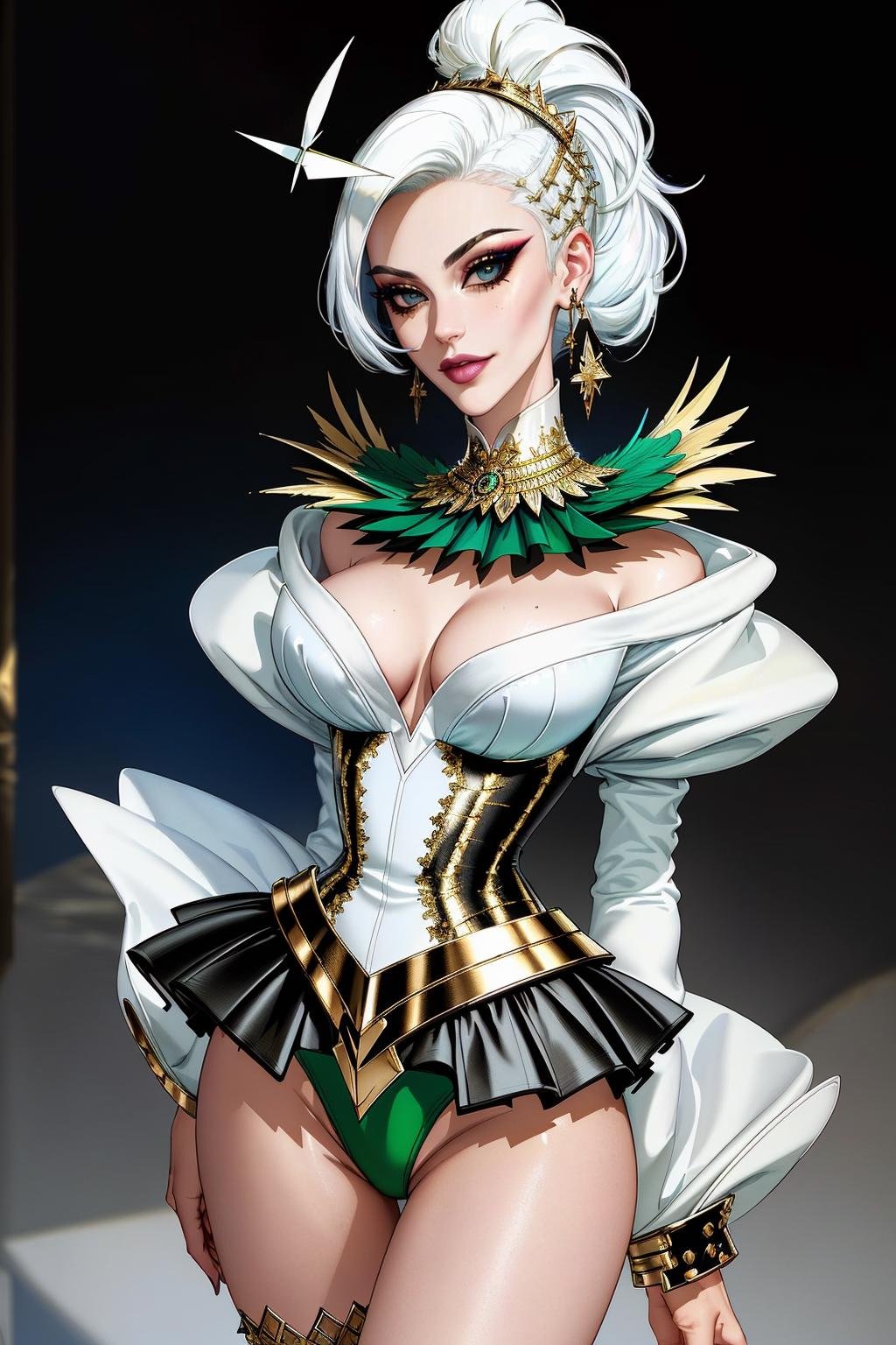 ((Masterpiece, best quality,edgQuality)),smirk,smug,white hair,Haute_Couture, green miniskirt,golden embroidery, woman wearing a Haute_Couture miniskirt, (((edgTM, wearing edgTM_style fashion, eccentric clothing))),feathers, <lora:edgLycorisMugler-light:1>