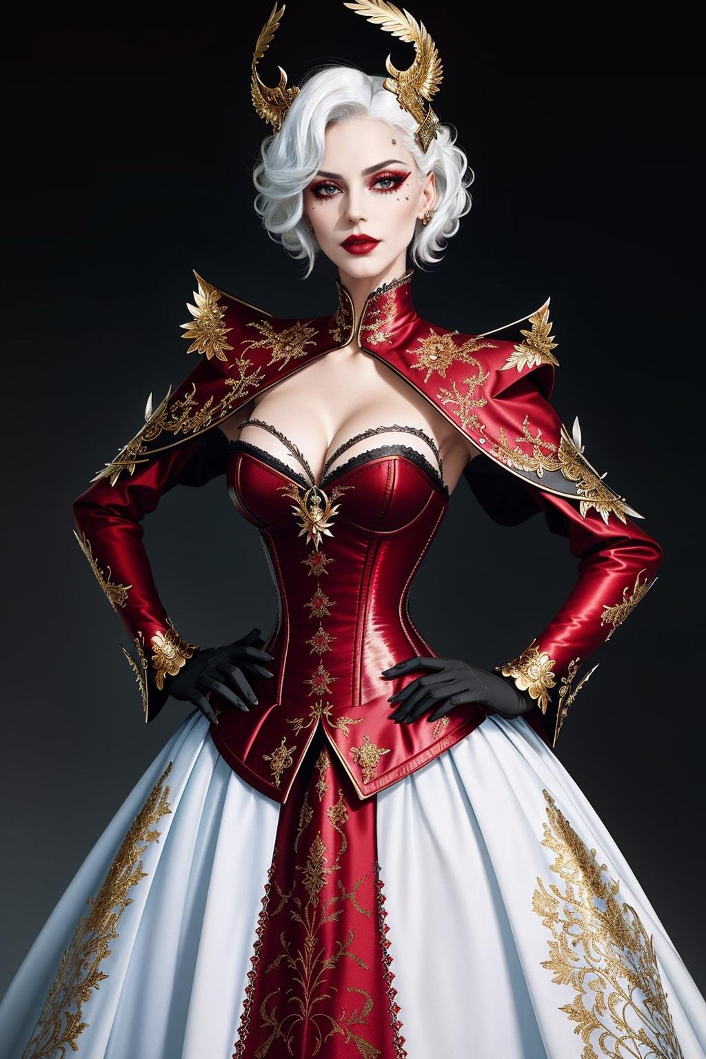 ((Masterpiece, best quality,edgQuality)),smirk,smug,white hair,Haute_Couture, red corset,golden embroidery, woman wearing a Haute_Couture corset,(((edgTM, wearing edgTM_style fashion, eccentric clothing))),feathers, <lora:edgLycorisMugler-light:1>