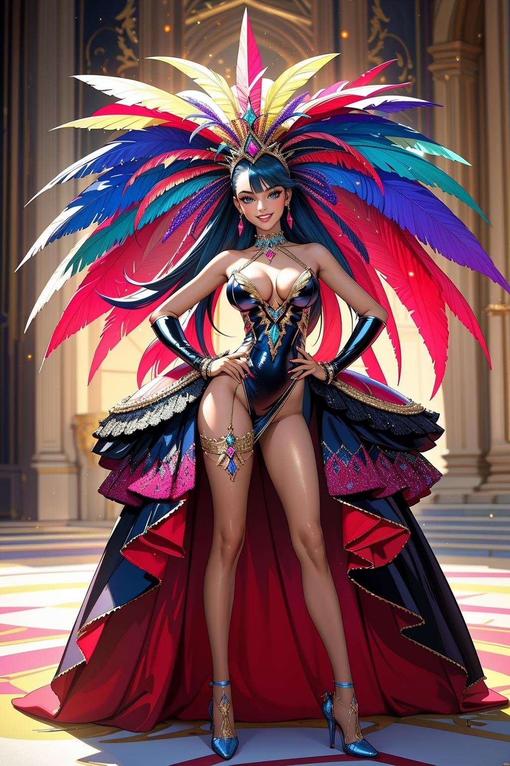 ((Masterpiece, best quality,edgQuality)), standing,posing for a picture,smiling,excited, Haute_Couture,edgCarnival, shiny dress, standing, full body, high heels,hands on hips, colorful,wearing edgCarnival Haute_Couture, designer dress <lora:edgLycorisCarnival:1>