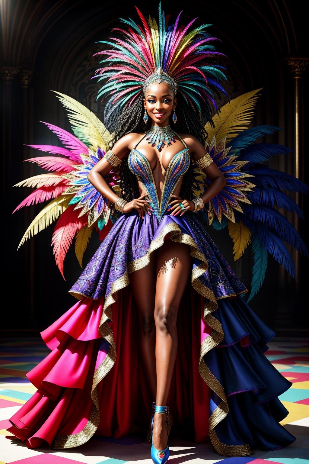 ((Masterpiece, best quality,edgQuality)), standing,posing for a picture,smiling,excited, Haute_Couture,edgCarnival, shiny dress, standing, full body, dark skin, high heels, dark-skinned female, hands on hips, colorful,wearing edgCarnival Haute_Couture, designer dress <lora:edgLycorisCarnival:1>