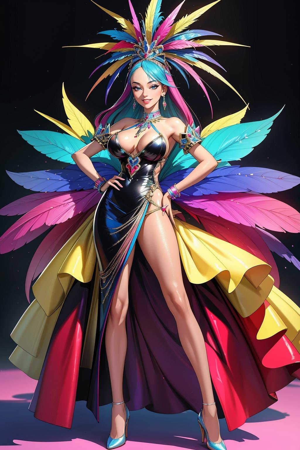 ((Masterpiece, best quality,edgQuality)), standing,posing for a picture,smiling,excited, Haute_Couture,edgCarnival, shiny dress, standing, full body, high heels,hands on hips, colorful,wearing edgCarnival Haute_Couture, designer dress <lora:edgLycorisCarnival:1>