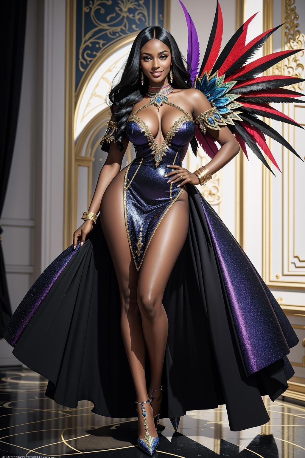 ((Masterpiece, best quality,edgQuality)), standing,posing for a picture,smiling,excited, Haute_Couture,edgCarnival, shiny dress, standing, full body, dark skin, high heels, dark-skinned female, hands on hips, colorful,wearing edgCarnival Haute_Couture, designer dress <lora:edgLycorisCarnival:1>