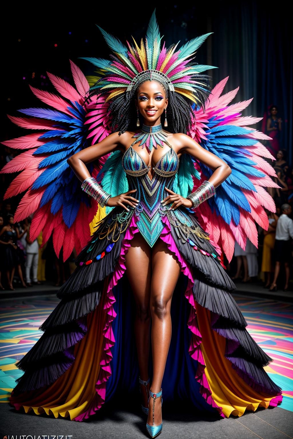 ((Masterpiece, best quality,edgQuality)), standing,posing for a picture,smiling,excited, Haute_Couture,edgCarnival, shiny dress, standing, full body, dark skin, high heels, dark-skinned female, hands on hips, colorful,wearing edgCarnival Haute_Couture, designer dress <lora:edgLycorisCarnival:1>