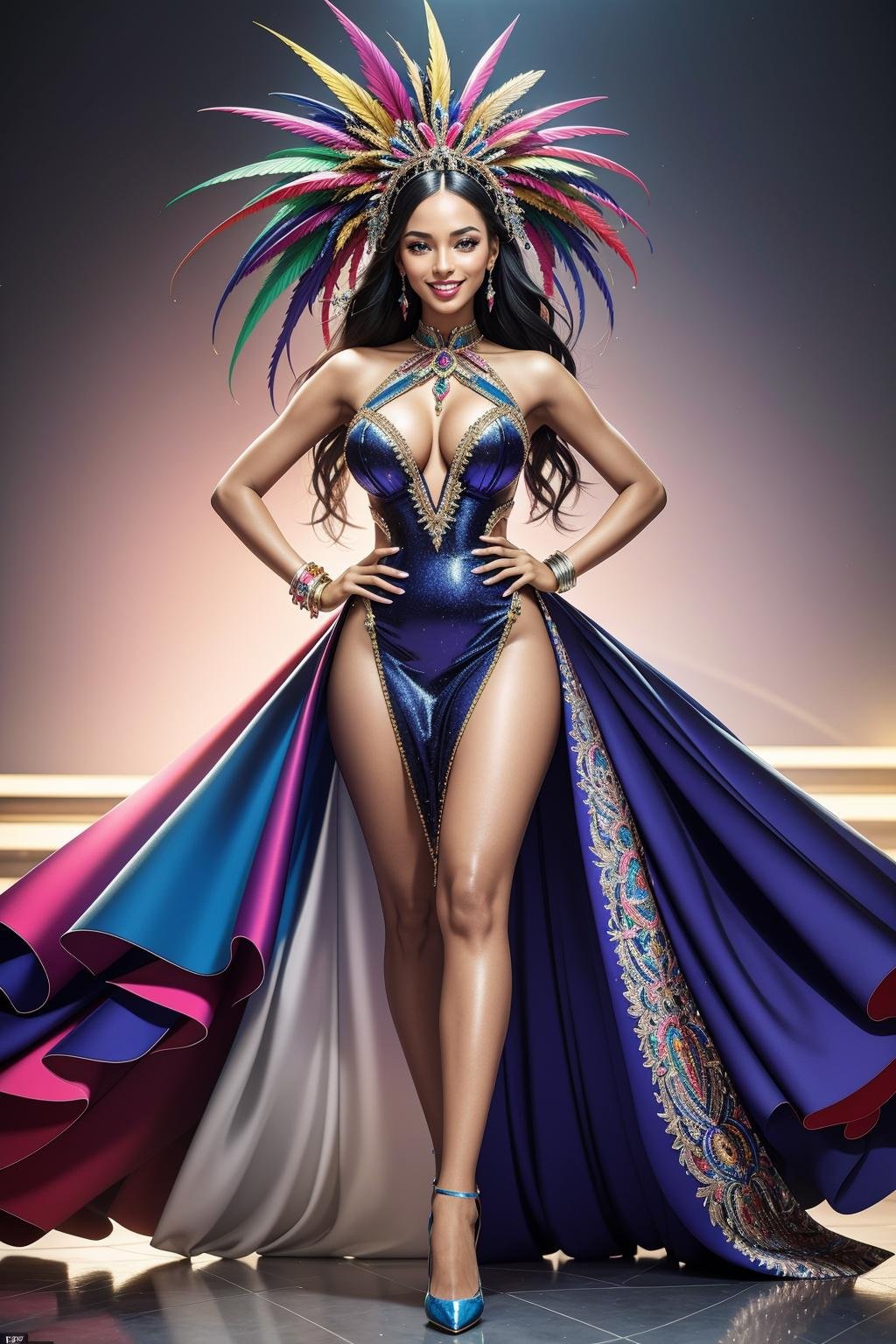 ((Masterpiece, best quality,edgQuality)), standing,posing for a picture,smiling,excited, Haute_Couture,edgCarnival, shiny dress, standing, full body, high heels,hands on hips, colorful,wearing edgCarnival Haute_Couture, designer dress <lora:edgLycorisCarnival:1>