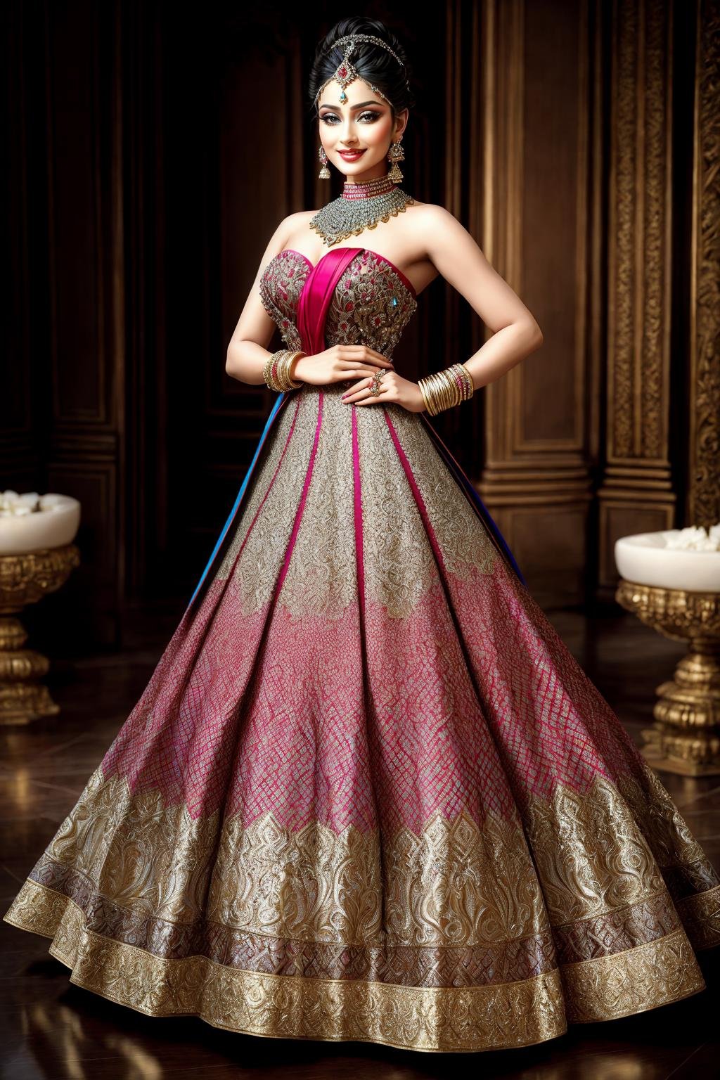 ((Masterpiece, best quality,edgQuality)),smile,smirk,Haute_Couture, edgNath,a woman posing for a picture,wearing a (Haute_Couture,edgBW fashion) designer dress with edgNath_jewelry <lora:edgBollywoodLycoris:1>