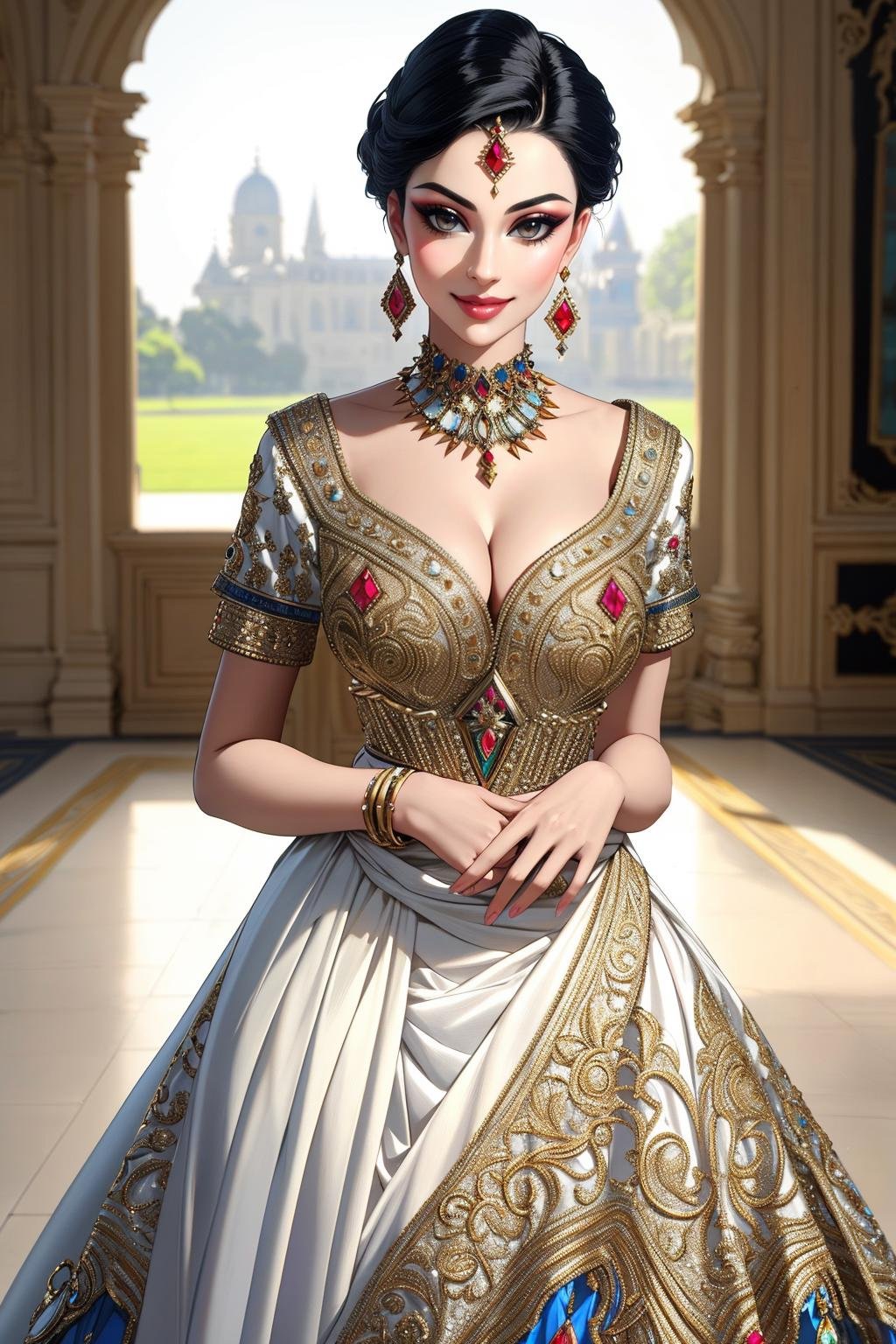 ((Masterpiece, best quality,edgQuality)),smile,smirk,Haute_Couture, edgNath,a woman posing for a picture,wearing a (Haute_Couture,edgBW fashion) designer dress with edgNath_jewelry <lora:edgBollywoodLycoris:1>