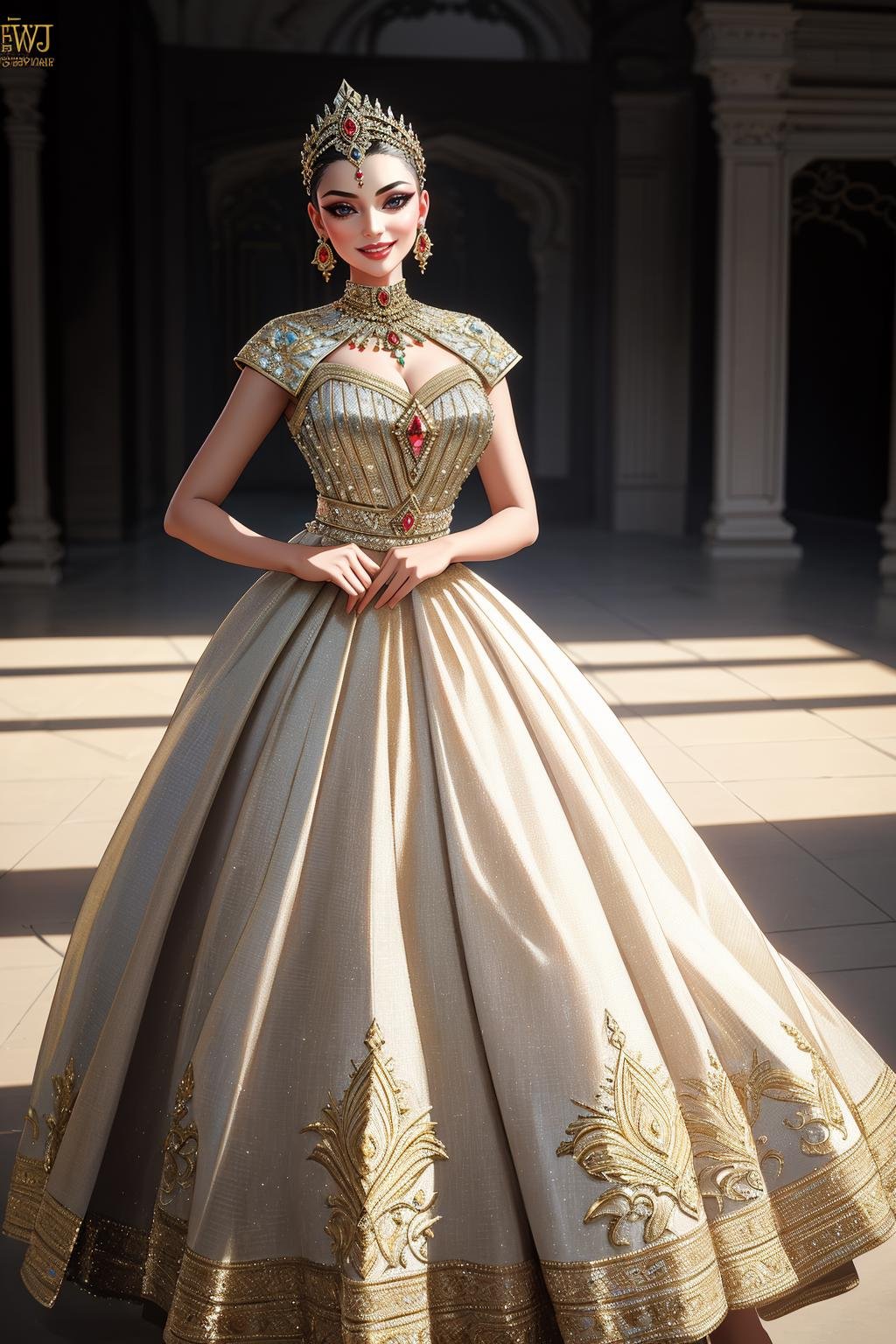 ((Masterpiece, best quality,edgQuality)),smile,smirk,Haute_Couture, edgNath,a woman posing for a picture,wearing a (Haute_Couture,edgBW fashion) designer dress with edgNath_jewelry <lora:edgBollywoodLycoris:1>