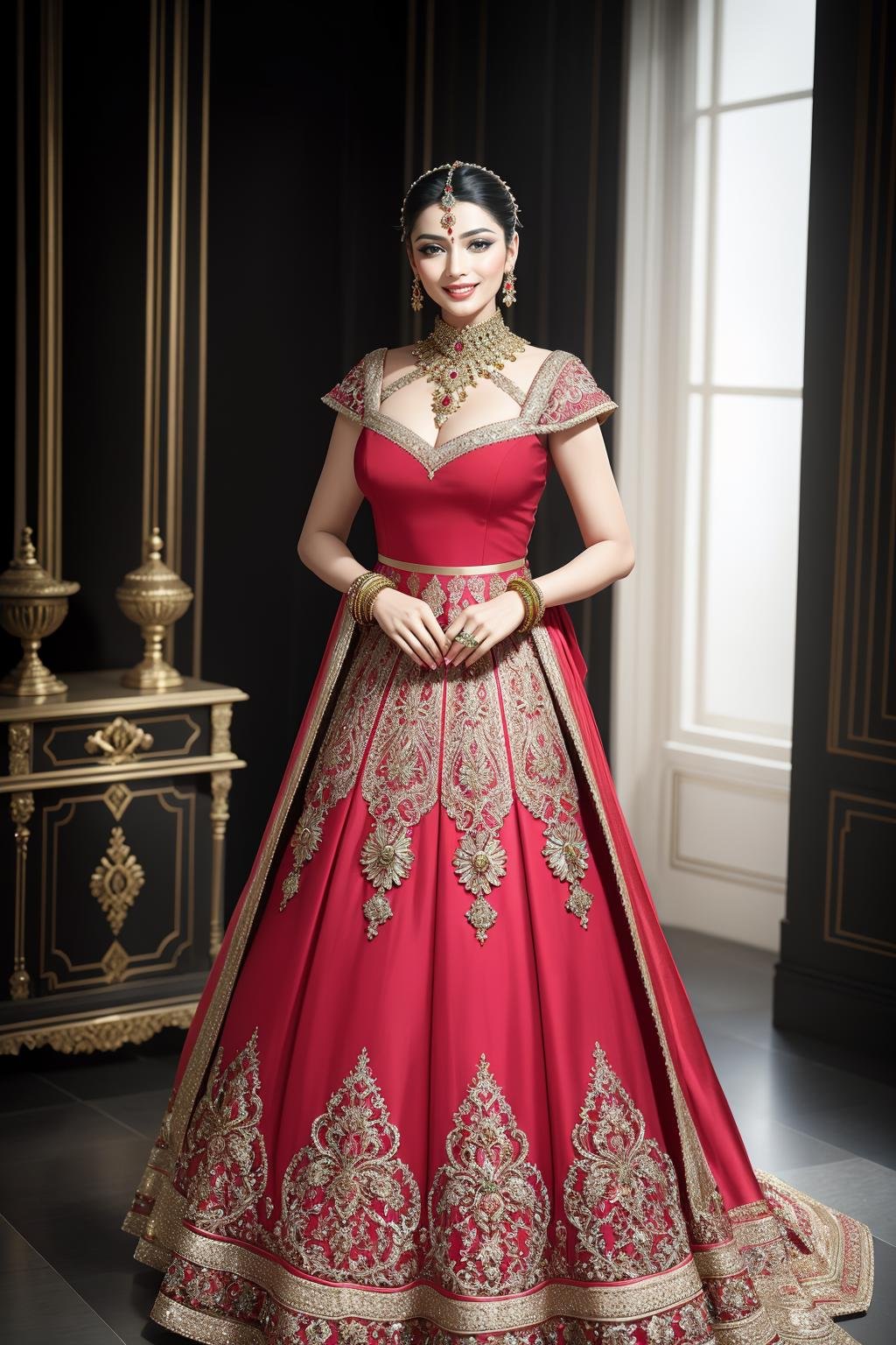 ((Masterpiece, best quality,edgQuality)),smile,smirk,Haute_Couture, edgNath,a woman posing for a picture,wearing a (Haute_Couture,edgBW fashion) designer dress with edgNath_jewelry <lora:edgBollywoodLycoris:1>