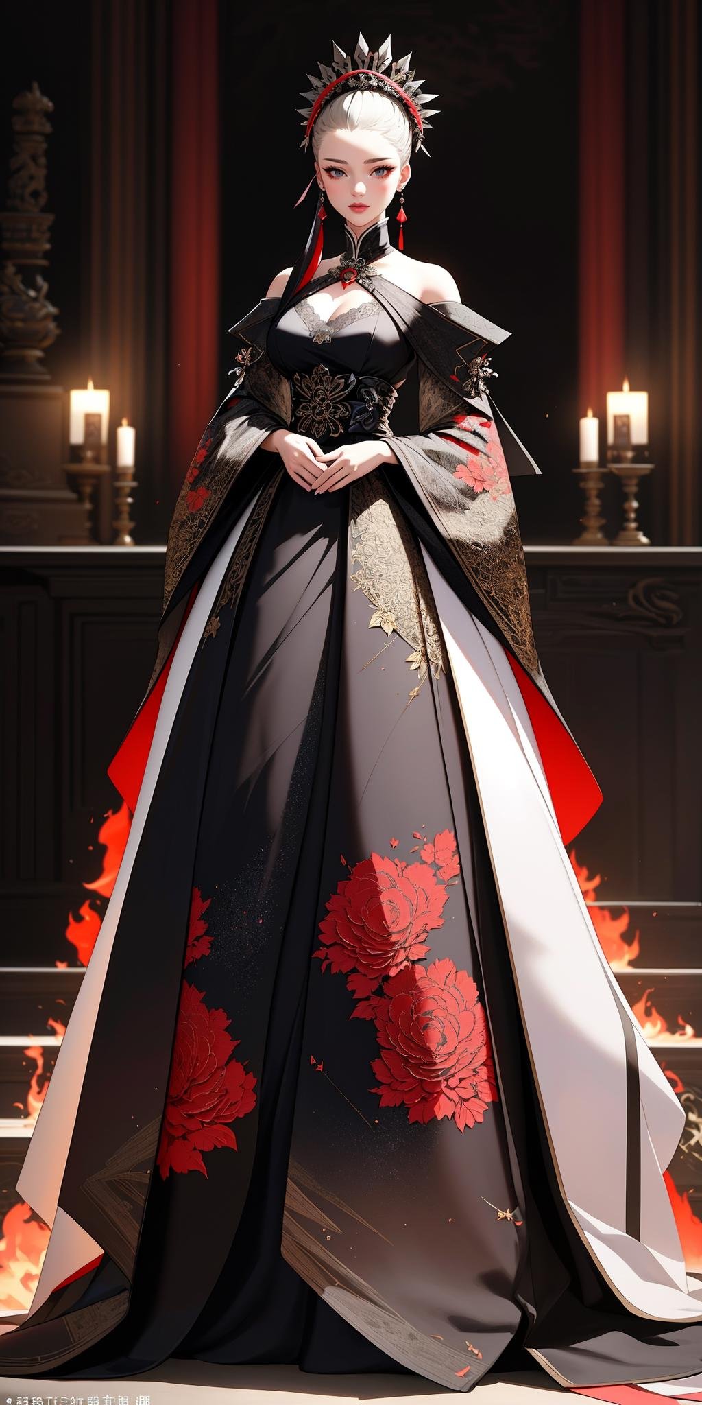 ((Masterpiece, best quality,edgQuality,full body,standing)),(wearing Haute_Couture,edgHC_dress),edgEF, a dress with a fire design on it ,wearing edgEF eastern clothing<lora:edgEasternFantasyCouture:1>