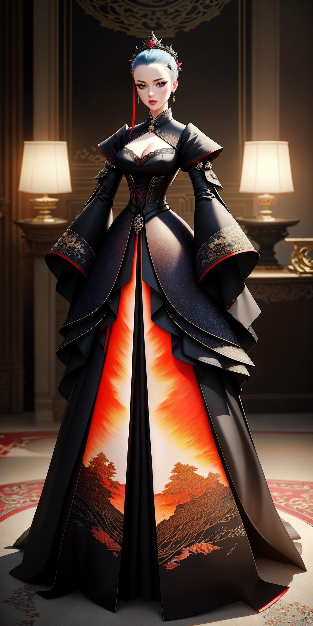 ((Masterpiece, best quality,edgQuality,full body,standing)),(wearing Haute_Couture,edgHC_dress),edgEF, a dress with a fire design on it ,wearing edgEF eastern clothing<lora:edgEasternFantasyCouture:1>