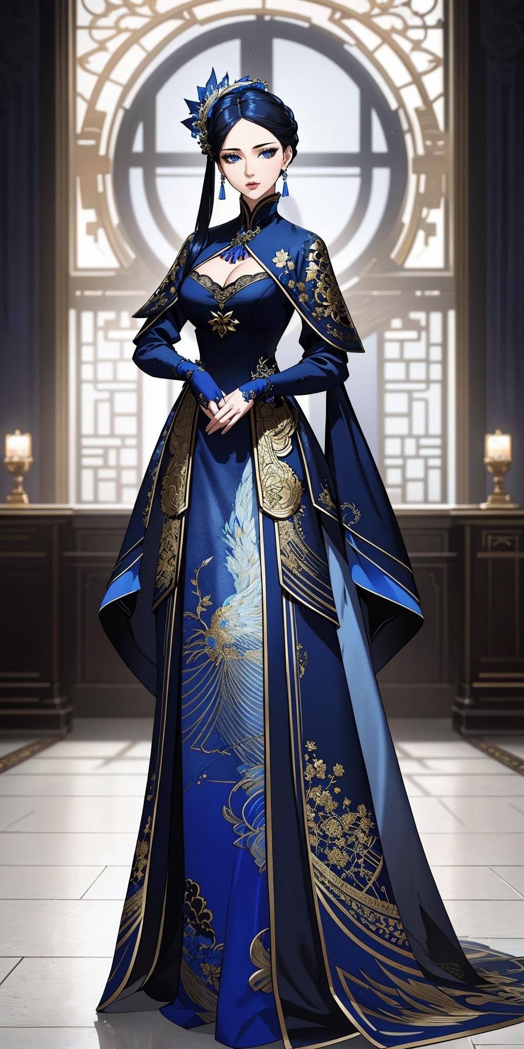 ((Masterpiece, best quality,edgQuality,full body,standing)),(wearing Haute_Couture,edgHC_dress),edgEF, a woman in a blue dress with golden embroidery,wearing edgEF eastern clothing<lora:edgEasternFantasyCouture:1>