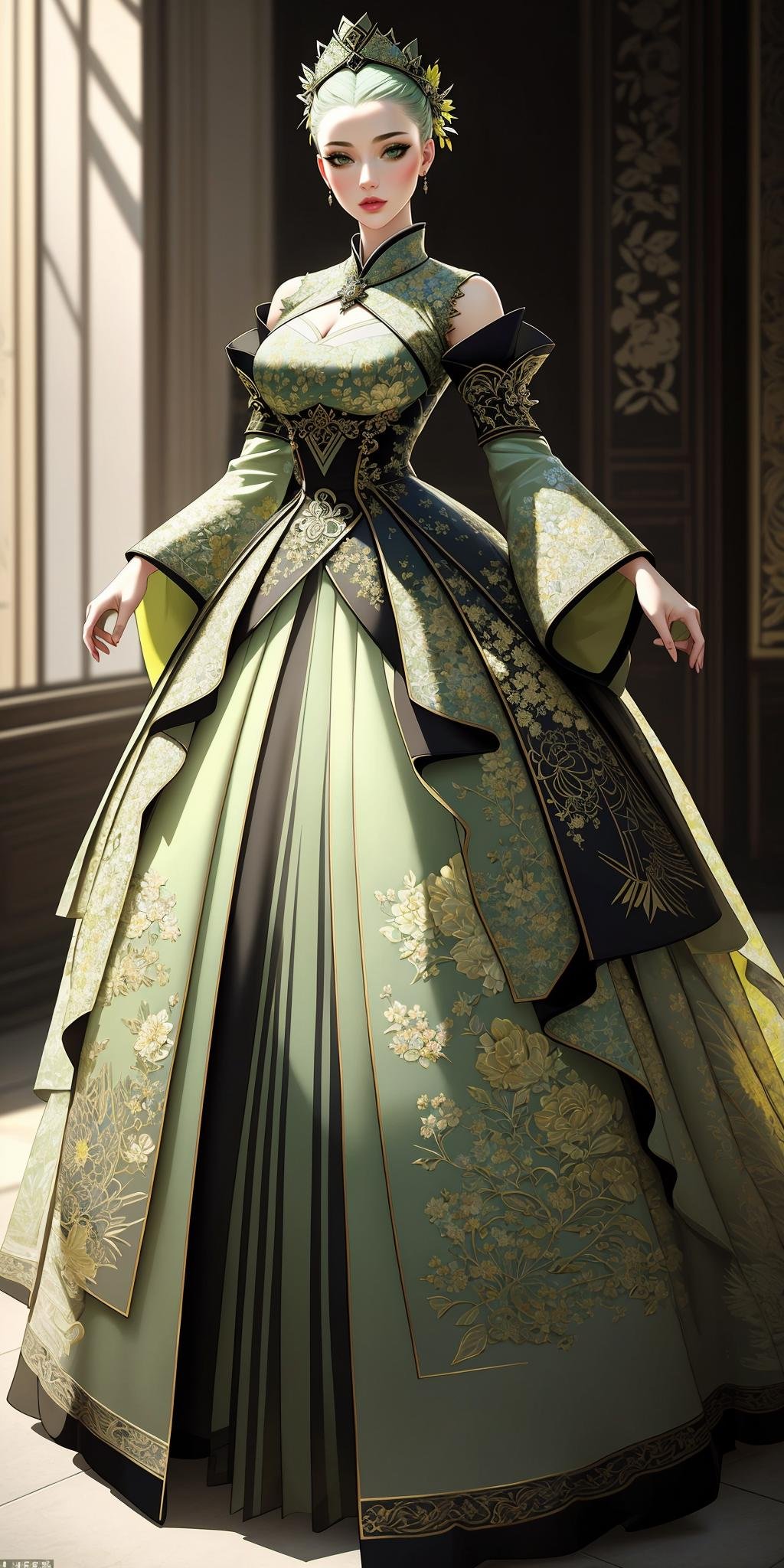 ((Masterpiece, best quality,edgQuality,full body,standing)),(wearing Haute_Couture,edgHC_dress),edgEF, a dress with a green and yellow floral design ,wearing edgEF eastern clothing<lora:edgEasternFantasyCouture:1>