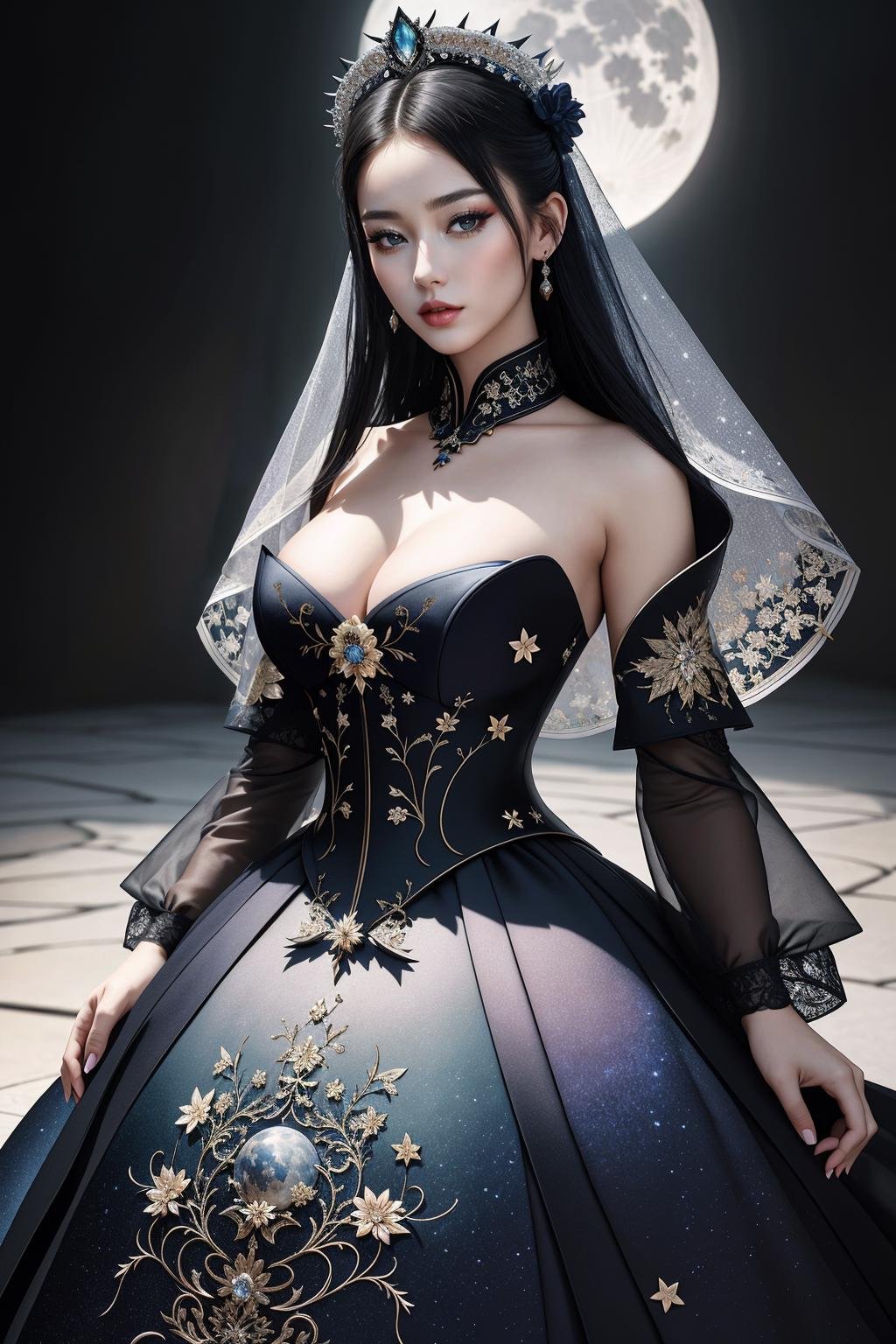 ((Masterpiece, best quality,edgQuality)),(wearing Haute_Couture,edgHC_dress),edgEF, a dress with a full moon and stars ,wearing edgEF eastern clothing <lora:edgEasternFantasyCouture:1>