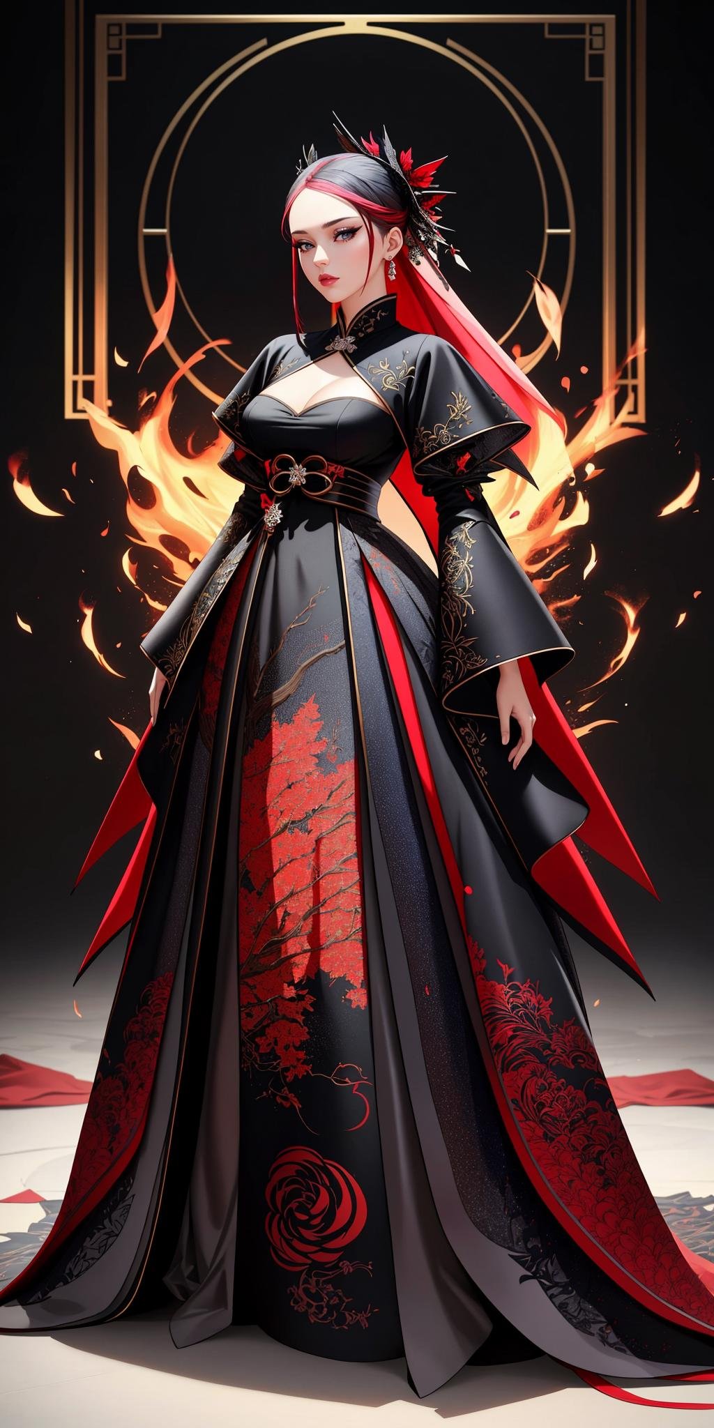 ((Masterpiece, best quality,edgQuality,full body,standing)),(wearing Haute_Couture,edgHC_dress),edgEF, a dress with a fire design on it ,wearing edgEF eastern clothing<lora:edgEasternFantasyCouture:1>