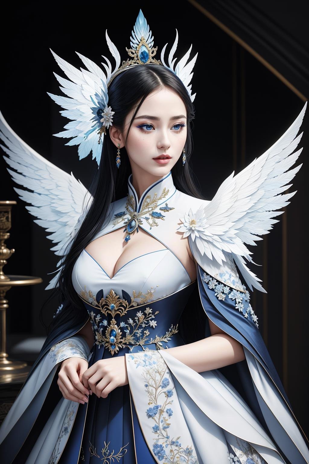 ((Masterpiece, best quality,edgQuality)),(Haute_Couture,edgHC_dress),edgEF, a woman in a blue dress with white wings ,wearing edgEF eastern clothing <lora:edgEasternFantasyCouture:1>