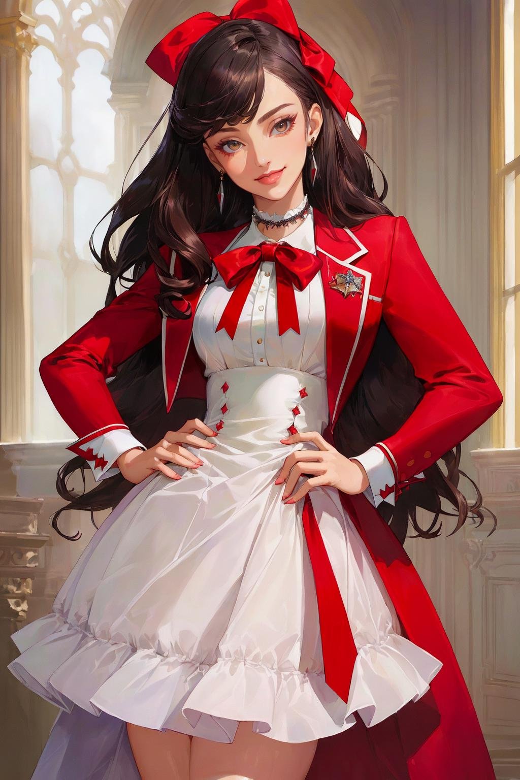 ((Masterpiece, best quality,edgQuality,photorealistic, hyper realistic)),smile--,Haute_Couture, designer edgHC_dress with set of edgPreppy clothes, a woman wearing a red ribbon choker and a jacket,hand on hip <lora:edgLycorisPreppy:1>