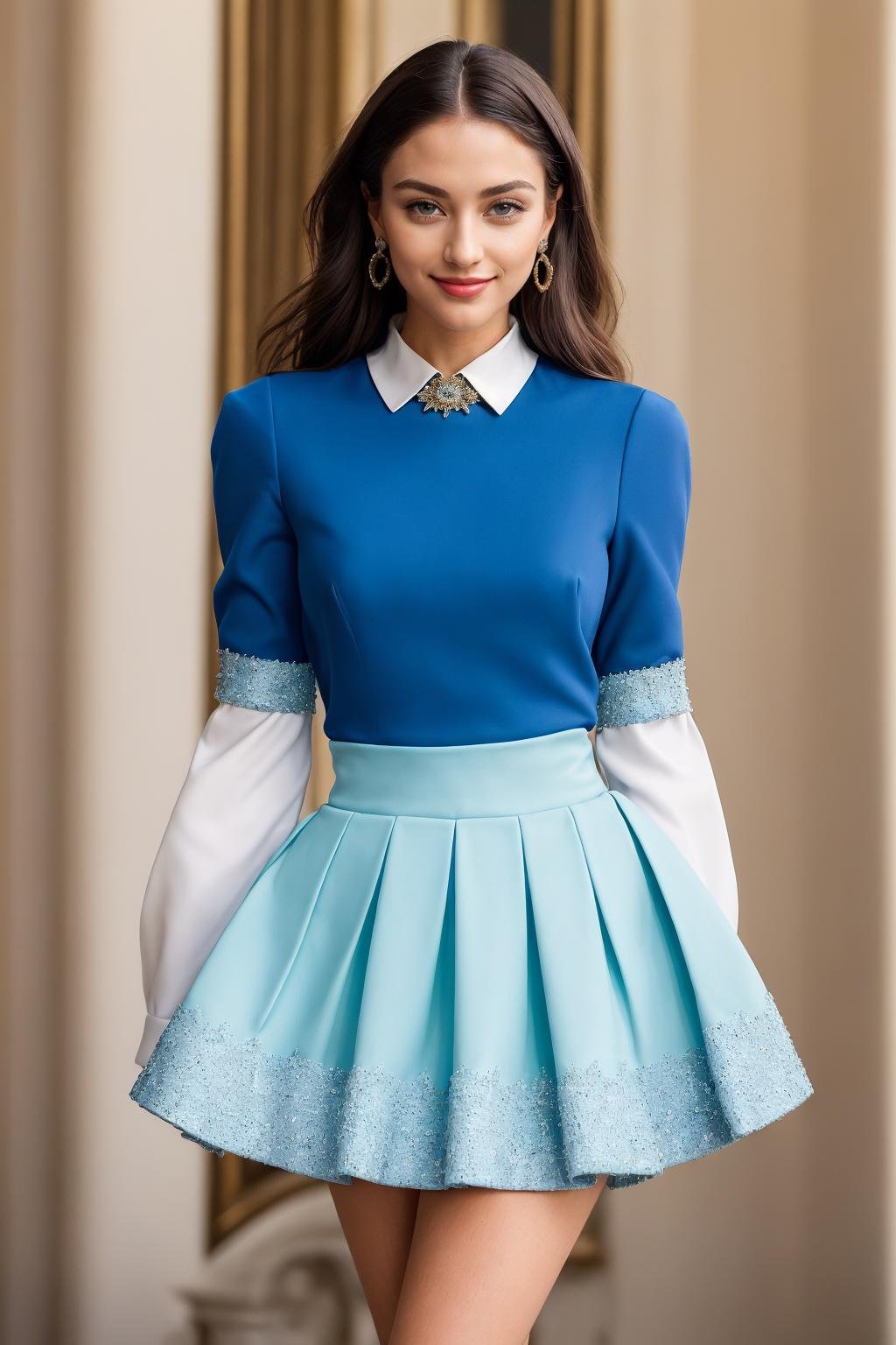 ((Masterpiece, best quality,edgQuality,photorealistic, hyper realistic)),smile--,Haute_Couture, designer edgHC_dress with set of edgPreppy clothes, a woman wearing a blue top, skirt,  <lora:edgLycorisPreppy:1>