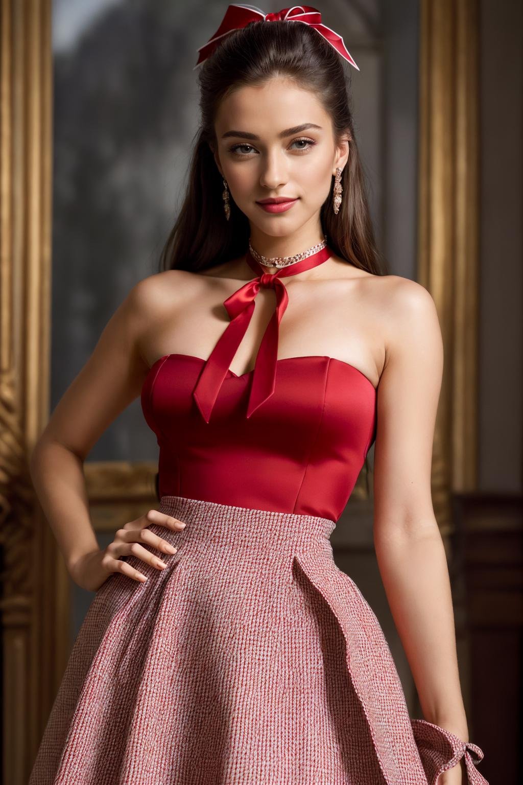 ((Masterpiece, best quality,edgQuality,photorealistic, hyper realistic)),smile--,Haute_Couture, designer edgHC_dress with set of edgPreppy clothes, a woman wearing a red ribbon choker and a plaid skirt,hand on hip <lora:edgLycorisPreppy:1>
