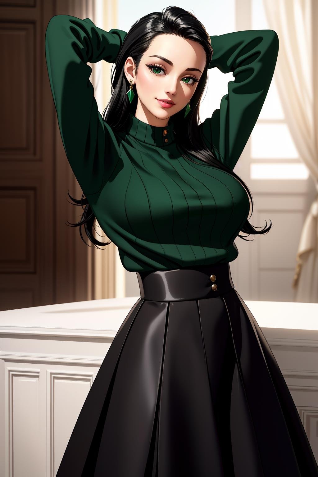 ((Masterpiece, best quality,edgQuality,photorealistic, hyper realistic)),smile--,Haute_Couture, designer edgHC_dress with set of edgPreppy clothes, a woman wearing green sweater and a black skirt,arms behind head <lora:edgLycorisPreppy:1>