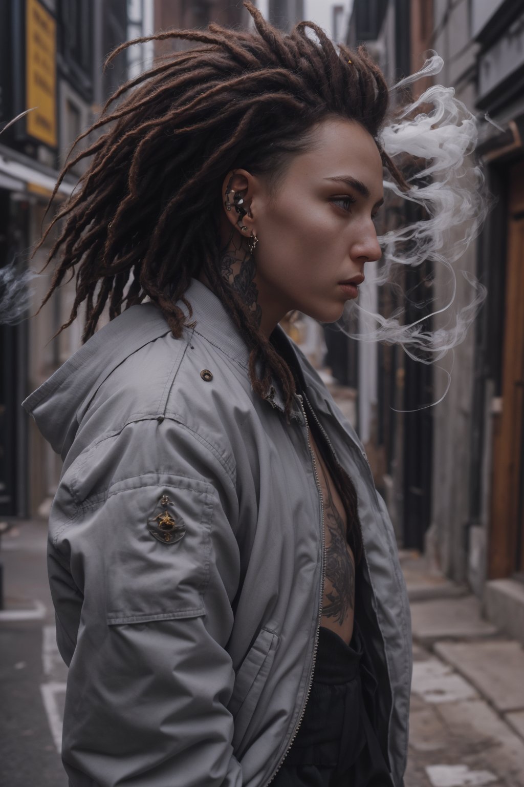 Dreadlocks hairstyles, Best quality, masterpiece, 1boy, big boob , red hair, long hair, yellow eyes, spiky hair, tattoos, black pants, upper body, ear piercings, blue and white bomber jacket, profile picture, smoking,Dreadlocks hairstyles