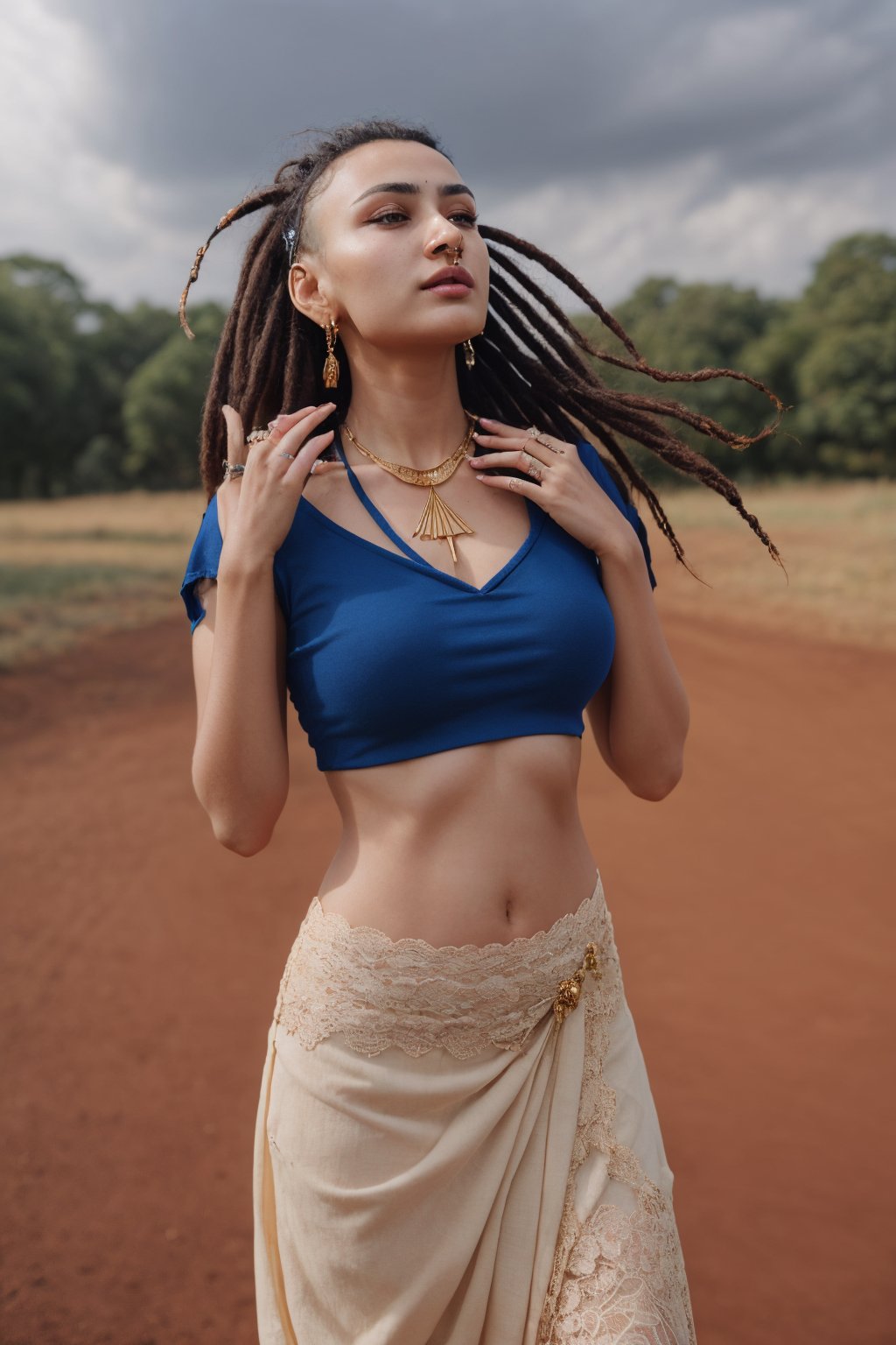 Dreadlocks hairstyles:1.5, Create a realistic beautiful picture of ((Mallu girl)), cinematic colour grading, 16k, shot on Sony red cemara, traditional ornaments:1.5, gold necklace, earrings, gold ornaments on her hip, Indian, 1girl, solo, long hair, breasts, shirt, black hair, thighhighs, navel, cowboy shot, sky, midriff, cloud,, arm up, lips, crop top, cloudy sky, fire, lace trim, lace, realistic, lace-trimmed legwear, photorealistic,aodai cyber,20 to mallu girl,sari,Doggy Style